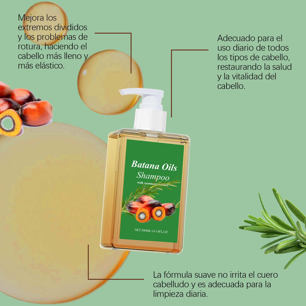 Champú Batana con Extracto de Romero 300ML para Cabello Suave y Esponjoso Adecuado para Hombres y Mujeres