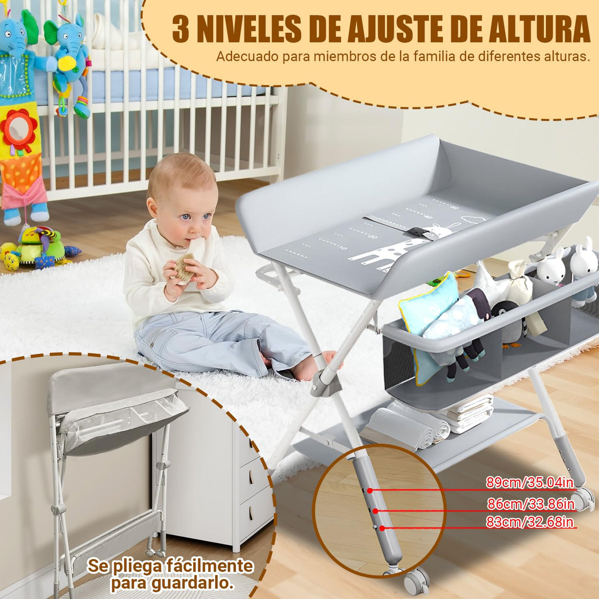 Cambiador para Bebe, Gris Multifuncional con Altura Ajustable, Mueble Cambiador para Bebe, Plegable con Ruedas, Cómoda Cambiador para Bebe, 3 Alturas Ajustables, con Barra Secar Ropa, Canasta Almacenamiento, Ruedas silenciosas universales