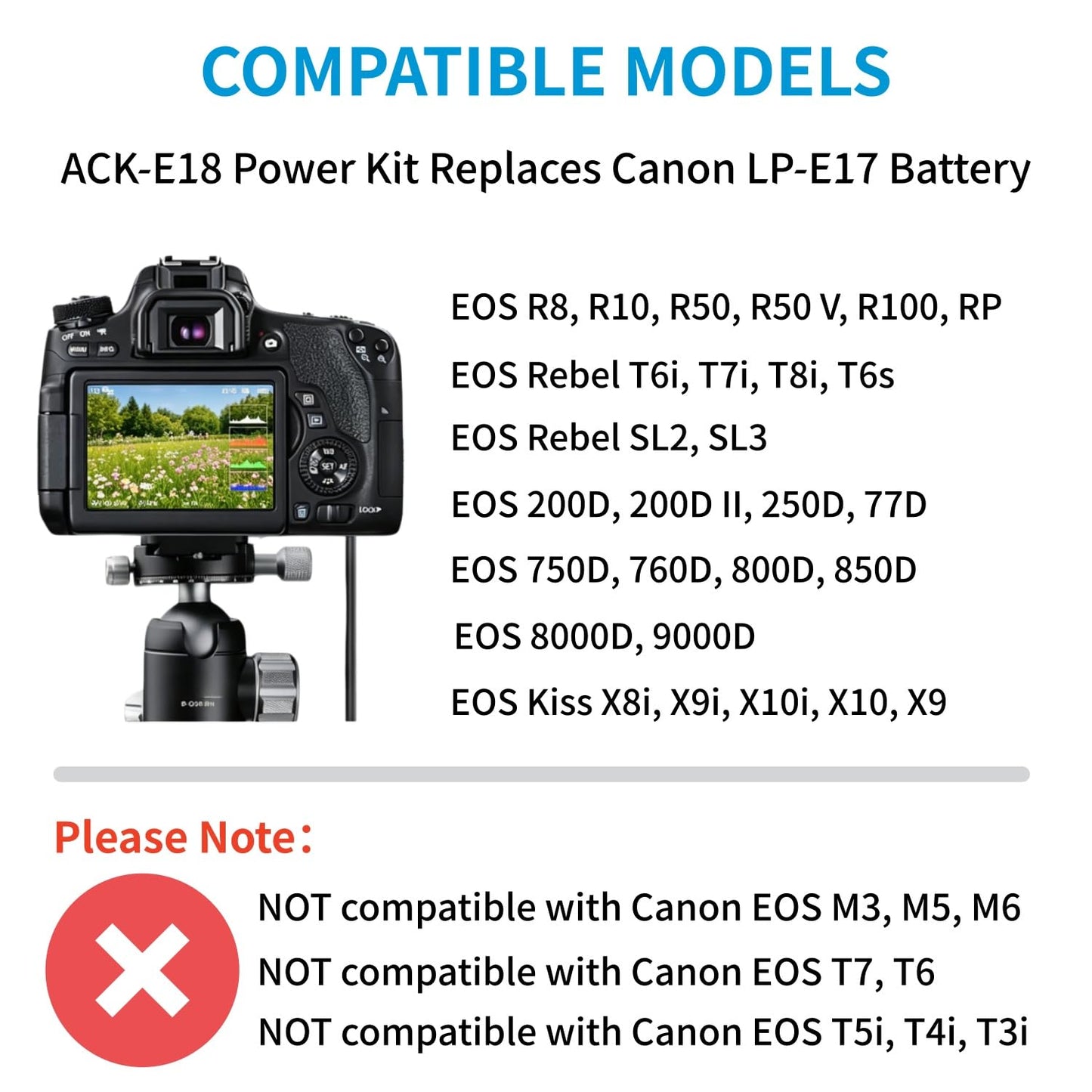 Kimaru ACK-E18 DR-E18 - Acoplador de CC LP-E17 - Kit adaptador de corriente alterna para Canon EOS Rebel SL2 SL3 T6i T7i T8i R8 R10 R50 R100 RP T6S 200D 200D II 250D 7666 D 8000 D 77D 8000D Cámaras.