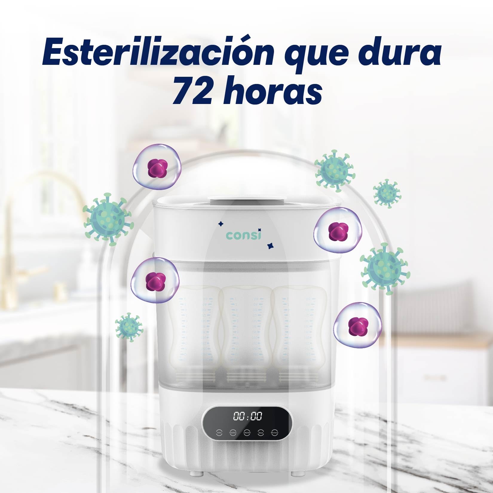 Consi Esterilizador de Biberones y Secador, Accesorios de Bebé (Esteriliza Hasta 8 Biberones), con Panel Táctil, Función de Secado Rápido y Protección Contra Funcionamiento en Seco | ES01