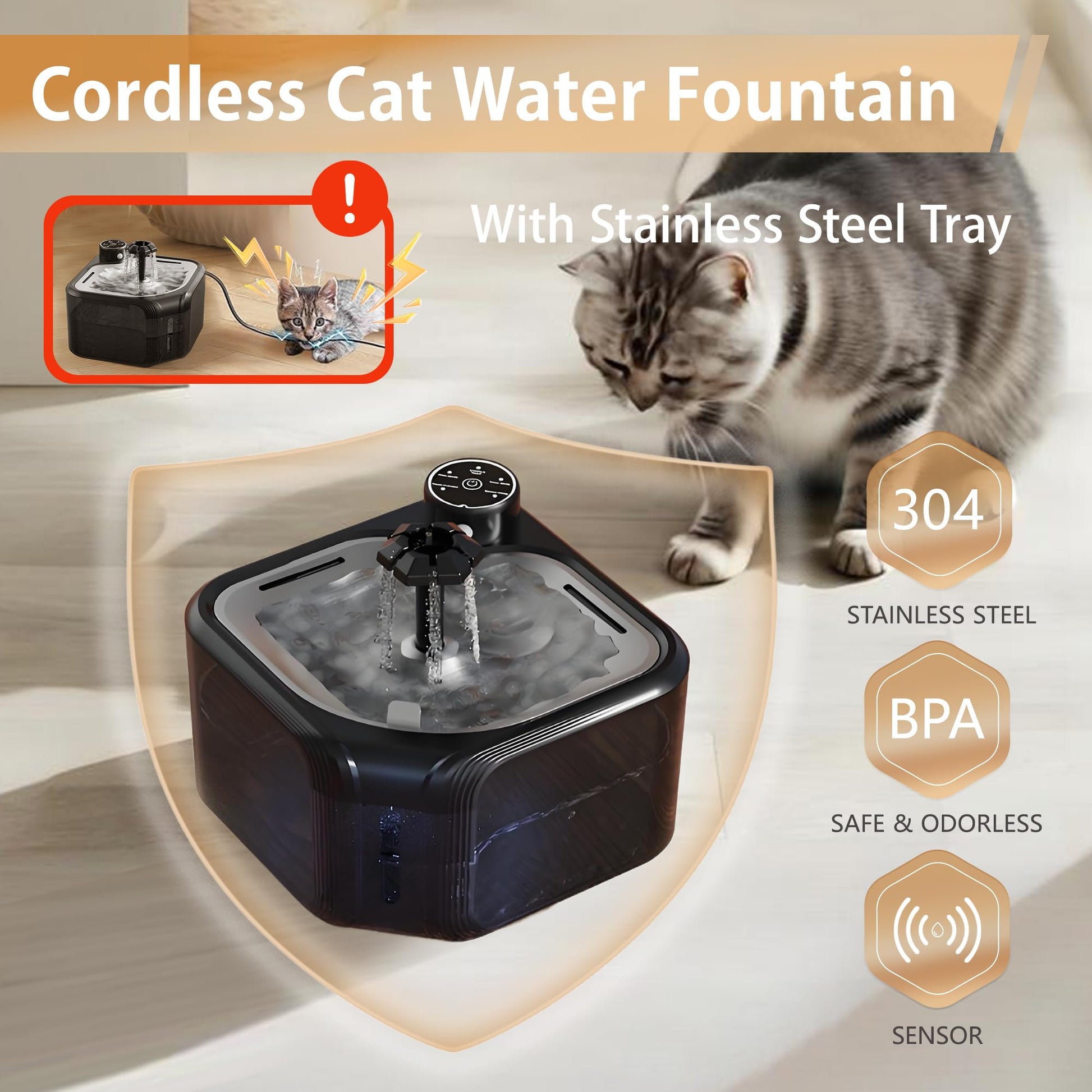 Fuente de agua inalámbrica para gatos con paquete de 4 filtros de repuesto de 94 oz/2.8 l, inalámbrica, funciona con pilas, con bandeja de acero inoxidable, dispensador automático de agua para gatos y