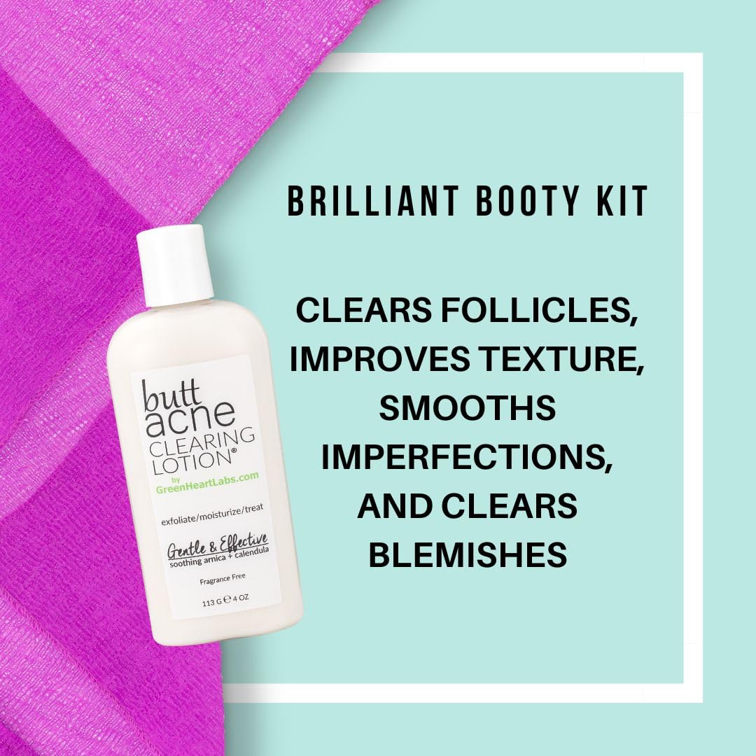 Brilliant Booty Kit | Butt Acne Clearing Lotion and ExfoliMATE Magic Body Exfoliating Cloth for Soft & Young Skin (Purple) by Green Heart Labs