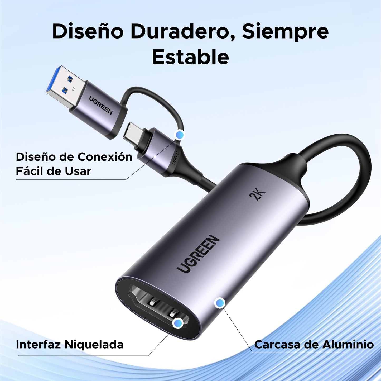 UGREEN 2K@30Hz Capturadora de Video, HDMI a USB 3.0 A y USB C, Entrada 4K@30Hz con Baja Latencia, Tarjeta de Captura de Video para Grabación de Juegos Compatible con Switch 2, PS5, Xbox, PC, Phone