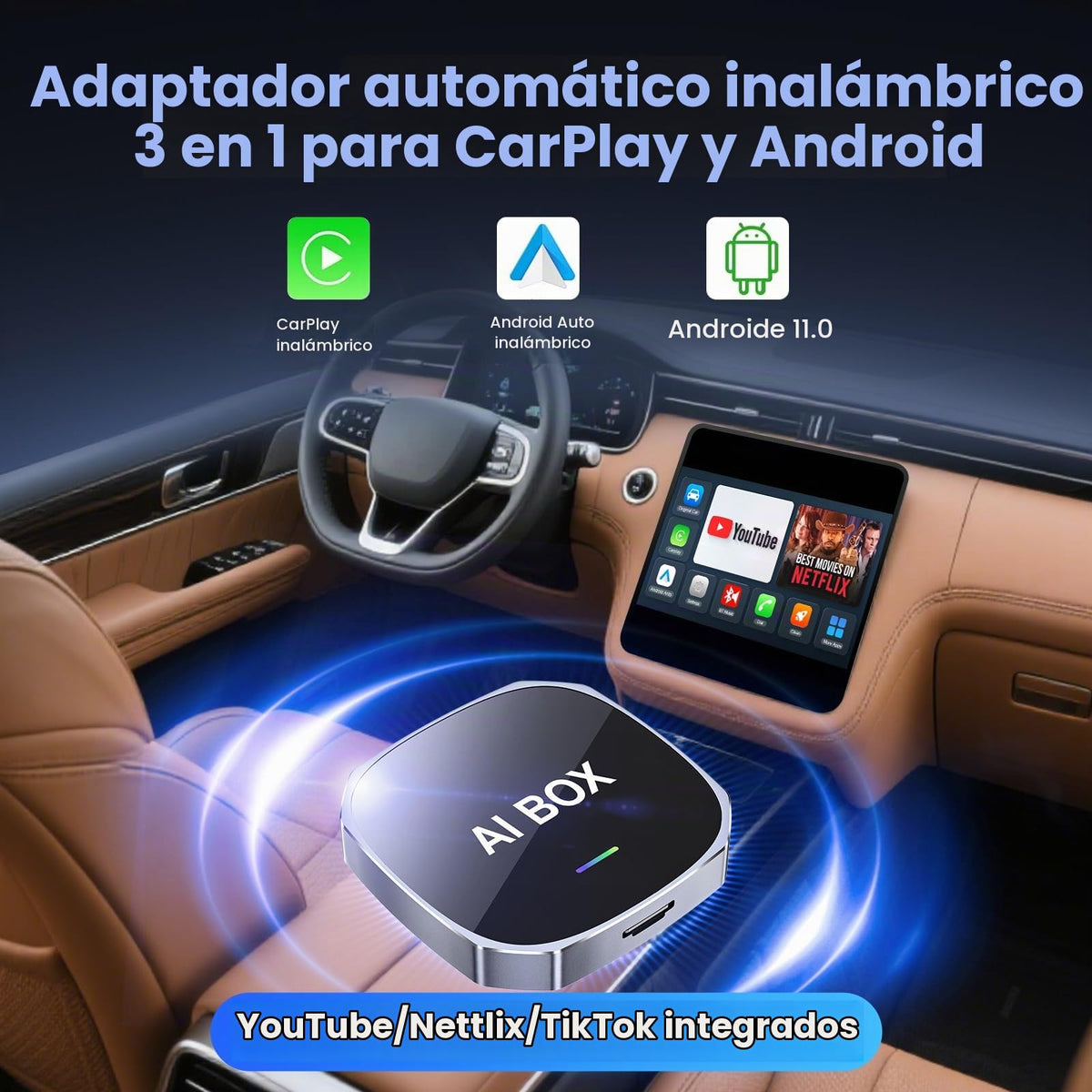 Adaptador Inalámbrico 2 en 1 Magic AI Box Streaming para Apple CarPlay y Android Auto 2026 Compatible Netflix YouTube coche
