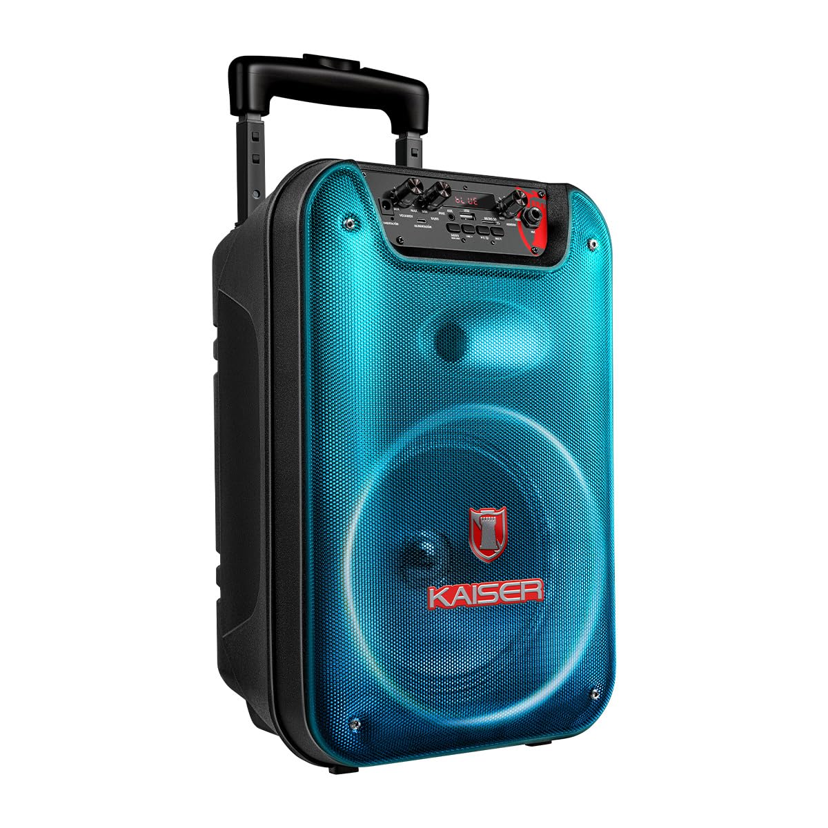 Bocina Bluetooth Tipo de 8 pulgdas con Luz Tipo Flama, KSR-Link, Recargable, Bluetooth, FM, USB, Micro SD, Micrófono Alámbrico, Trolley, Potencia de 20W RMS