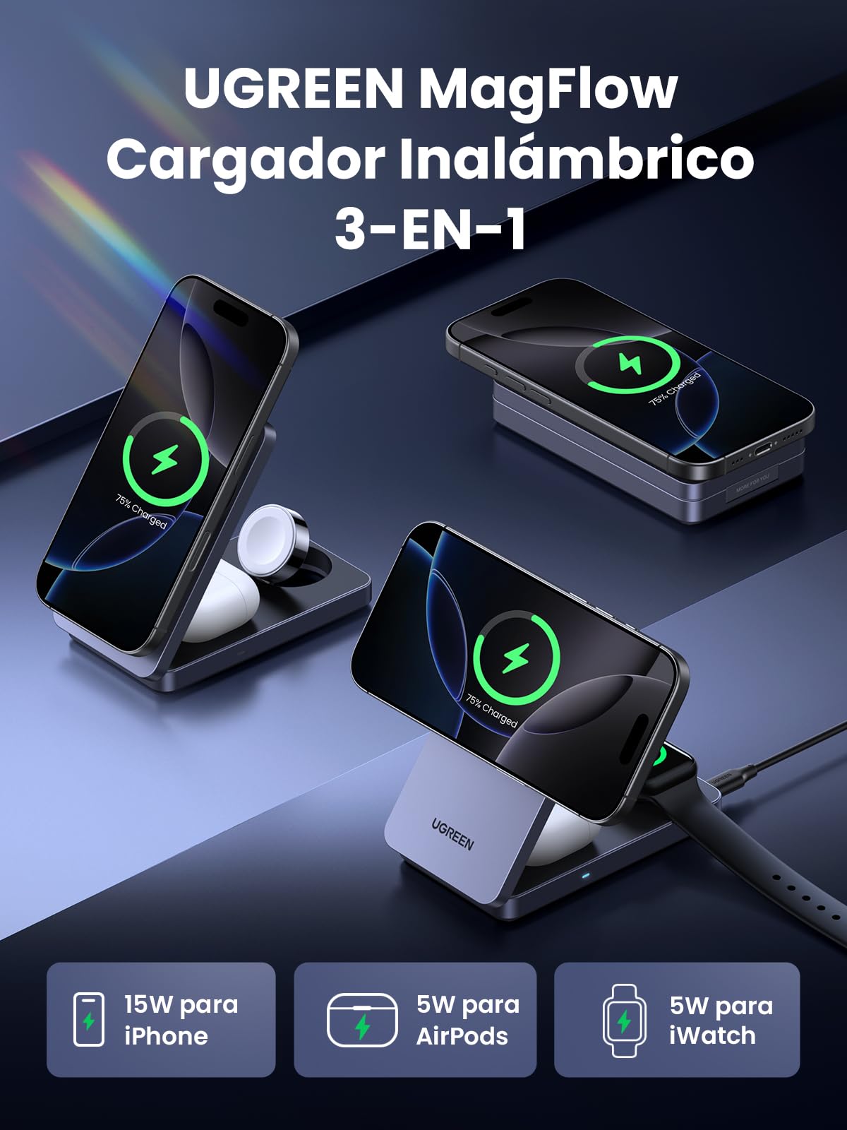 Cargador Inalámbrico UGREEN Qi2 15W Negro Certificado para iPhone y AirPods