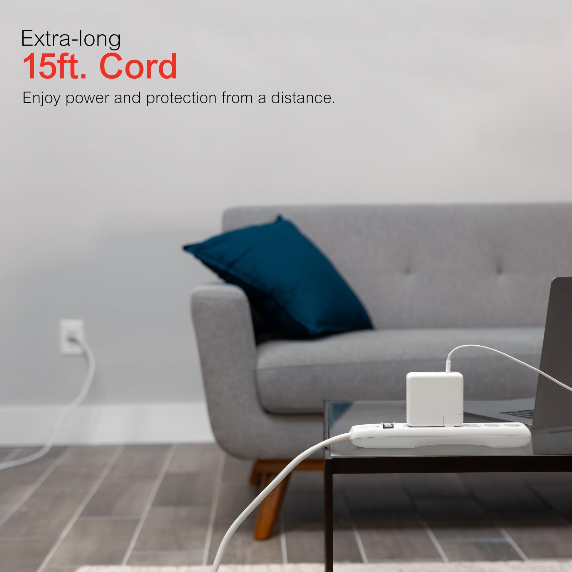 GE Tira Multicontactos De 6 Salidas con Supresor De Picos Y Enchufe Plano, Cable De Extensión De 4.5 Metros (15 Pies), 800 Julios, Cubiertas De Seguridad con Giro para Cerrar, Blanco, 1 Unidad, 50768