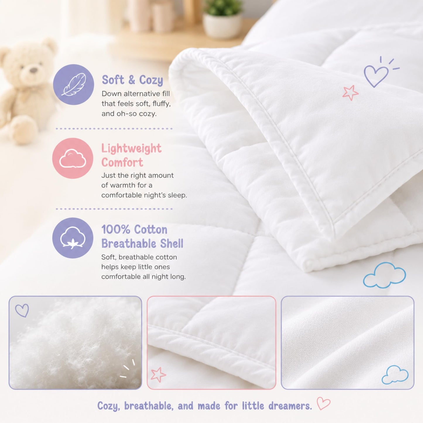 Continental Bedding - Edredón para niños pequeños, Relleno de edredón 100% Microfibra, Manta de Dormir con Funda de algodón, se Adapta a Cuna estándar, Cama para niños, 33 x 42 Pulgadas, Color Blanco