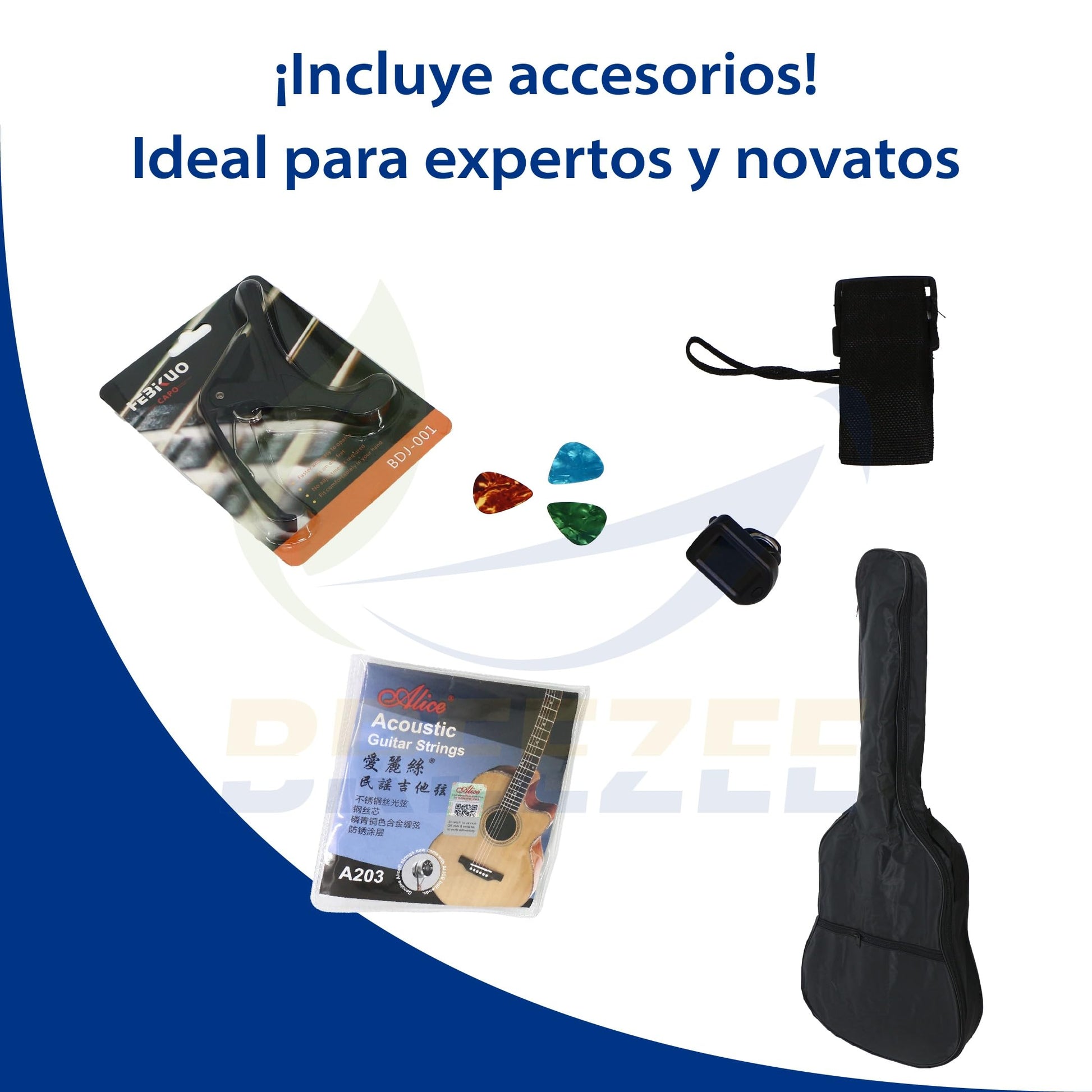 BREEZEE Guitarra Acústica Curva Recortada de 38 Pulgadas Fabricada Sobre Madera de Tilo 18 Trastes, Kit de Accesorios Funda, Capo, Plumillas, Correa, Cuerdas Extra de Metal, Adultos y Niños