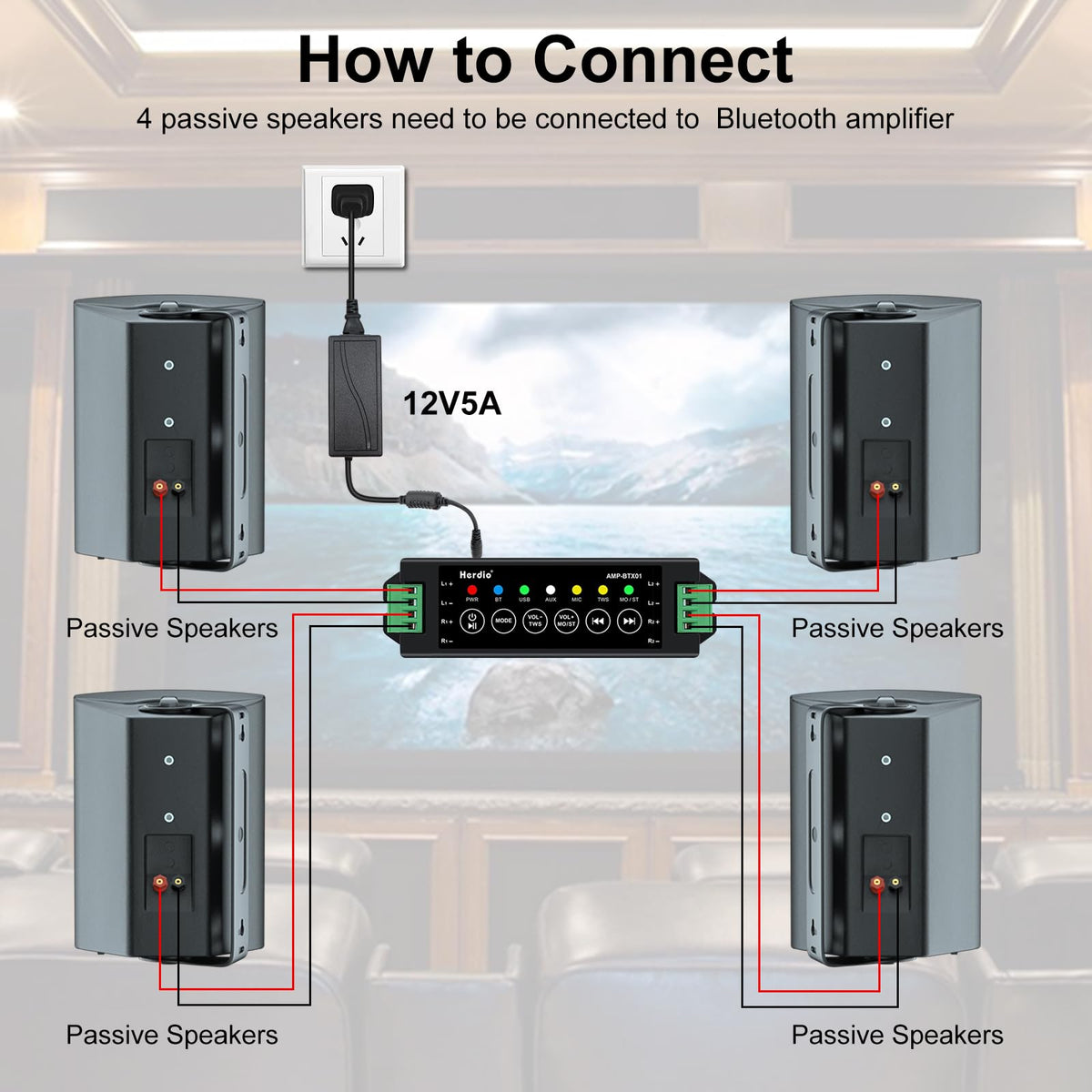 Bocinas Bluetooth Herdio Negras Impermeables con Amplificador Superior y Amplia Cobertura de Sonido Estéreo para Exterior (4 Altavoces)