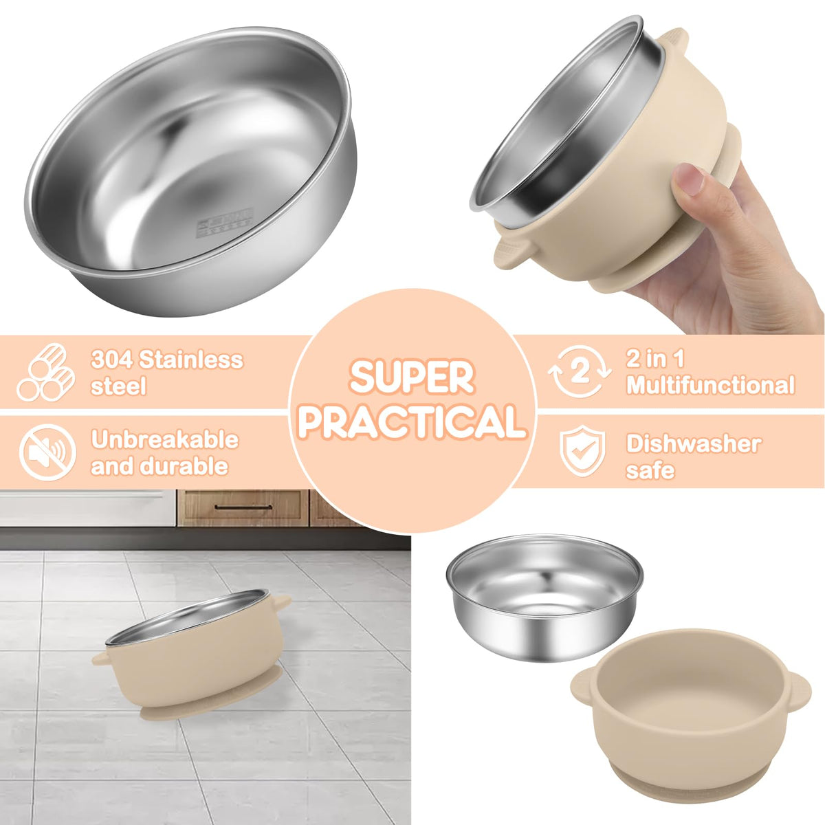 Wesketch - Juego de 4 cuencos de acero inoxidable con carcasa de succión de silicona antideslizante extraíble, contenedor de alimentos antiescaldados para alimentación de alimentos de bebé, azul cielo