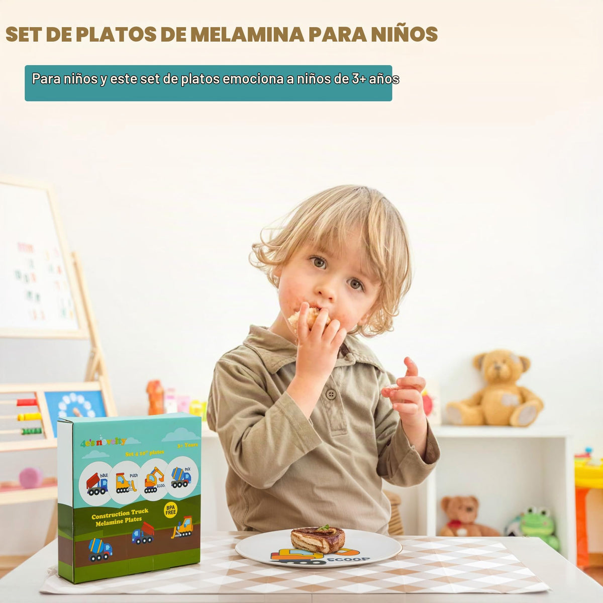 4E's Novelty - Juego de 4 platos de melamina para niños, juego de platos de construcción para niños pequeños, juego de vajilla de personaje de camión con diversión y alegría, sin BPA, vajilla de