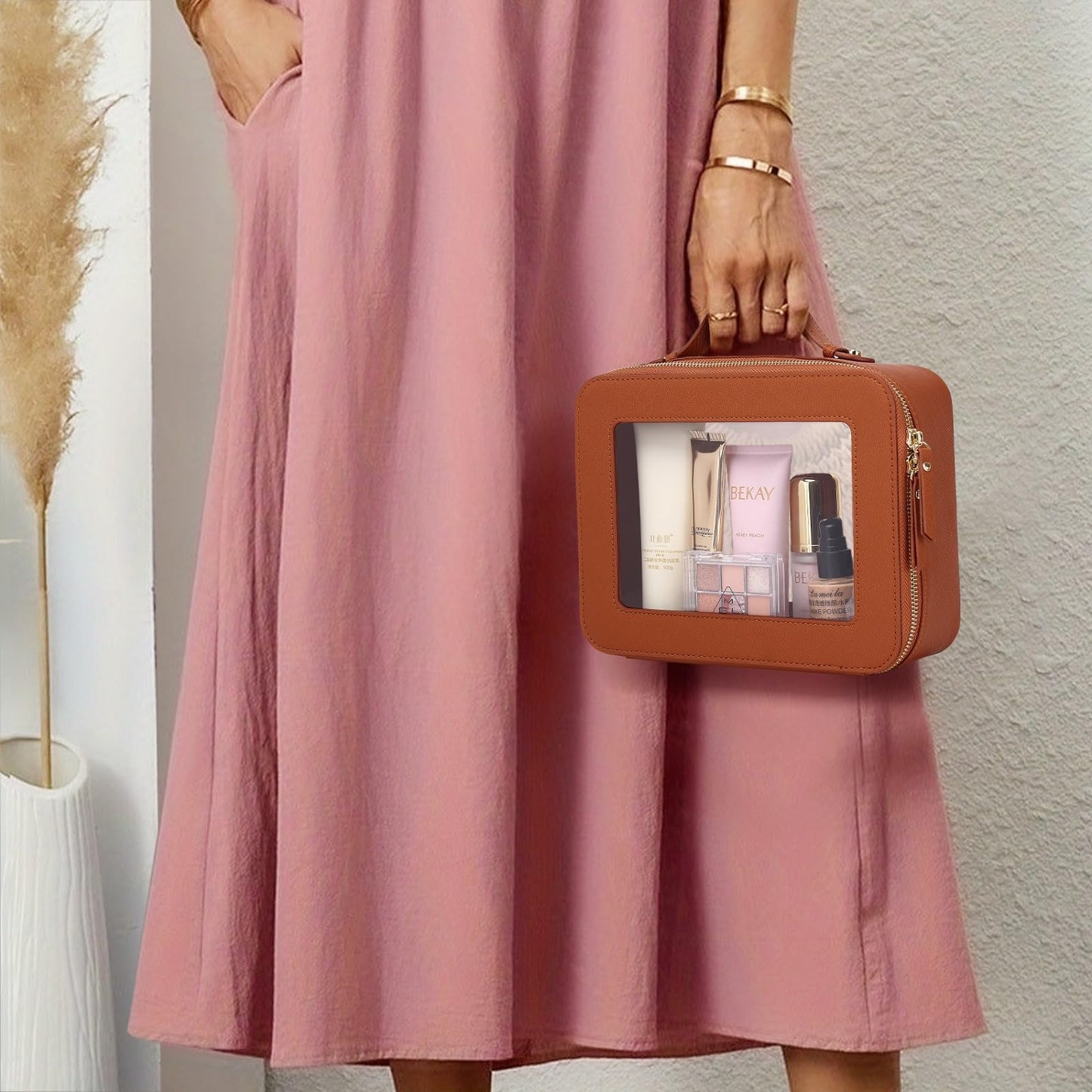 LOFOWN - Bolsa de maquillaje transparente con cierre para mujer, impermeable, bolsa de cosméticos de viaje y neceser, organizador de maquillaje portátil, artículos esenciales para el coche, Marrón, L+
