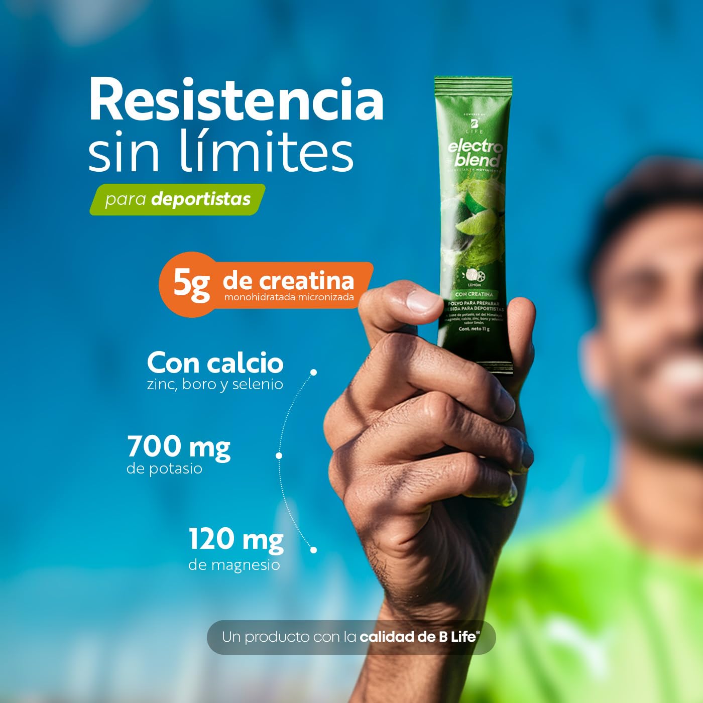B Life Electrolitos con Creatina | 5g de creatina monohidratada por porción | 45 sobres | Sin Azúcar Ni Colorantes Añadidos | Más de 80 Minerales | 495g | Electroblend Con Creatina.