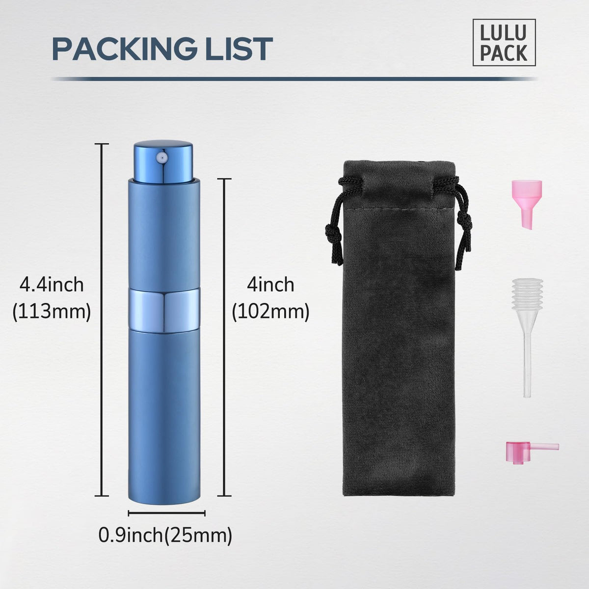 Lulupack - Atomizador de perfume de 10 ml, botella de aerosol de viaje de Colonia, pulverizador portátil recargable (3 piezas, dorado, plateado, azul)