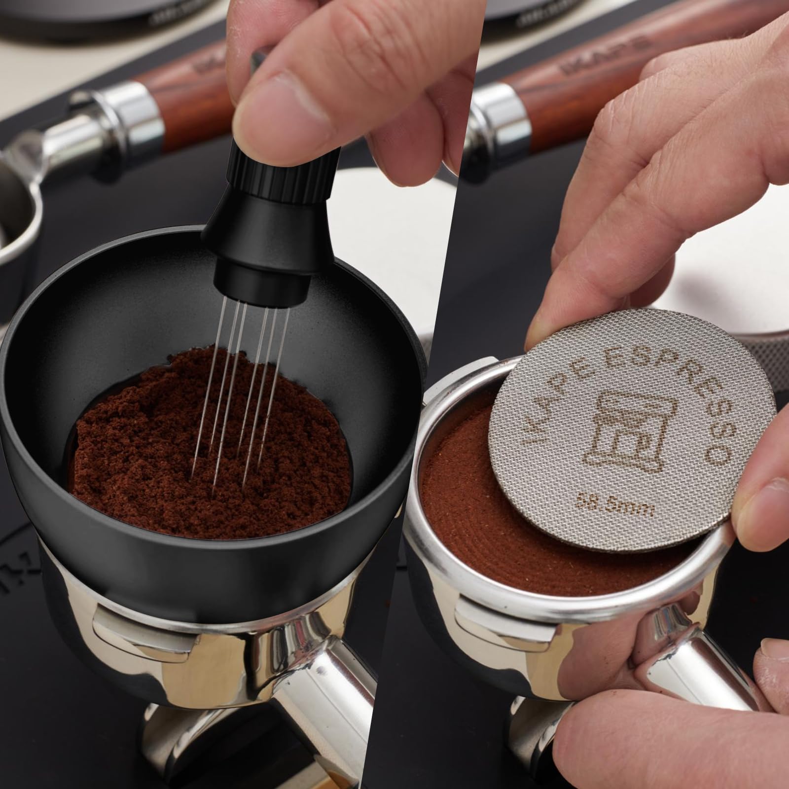IKAPE Juego de Embudo Dosificador Magnético, Anillo Dosificador de Café Expreso Y Kit de Pantalla de Disco Compatible con Portafiltro Sin Fondo, con 10 Imanes Pequeños 58Mm Negro