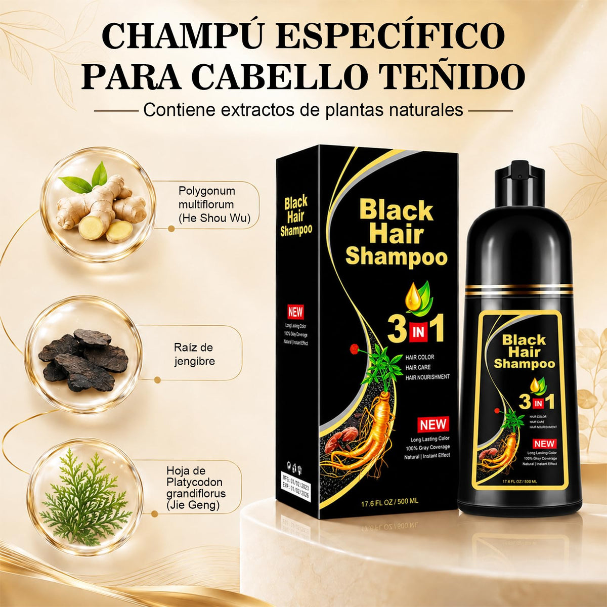Champú Instant Hair Color para Cabello,hair dye shampoo, Champú Tinte Instantáneo 3 En 1 Fórmula Suave Que contiene Ingredientes Naturales,shampoo tinte, Adecuado Para HombresY mujeres (Negro)