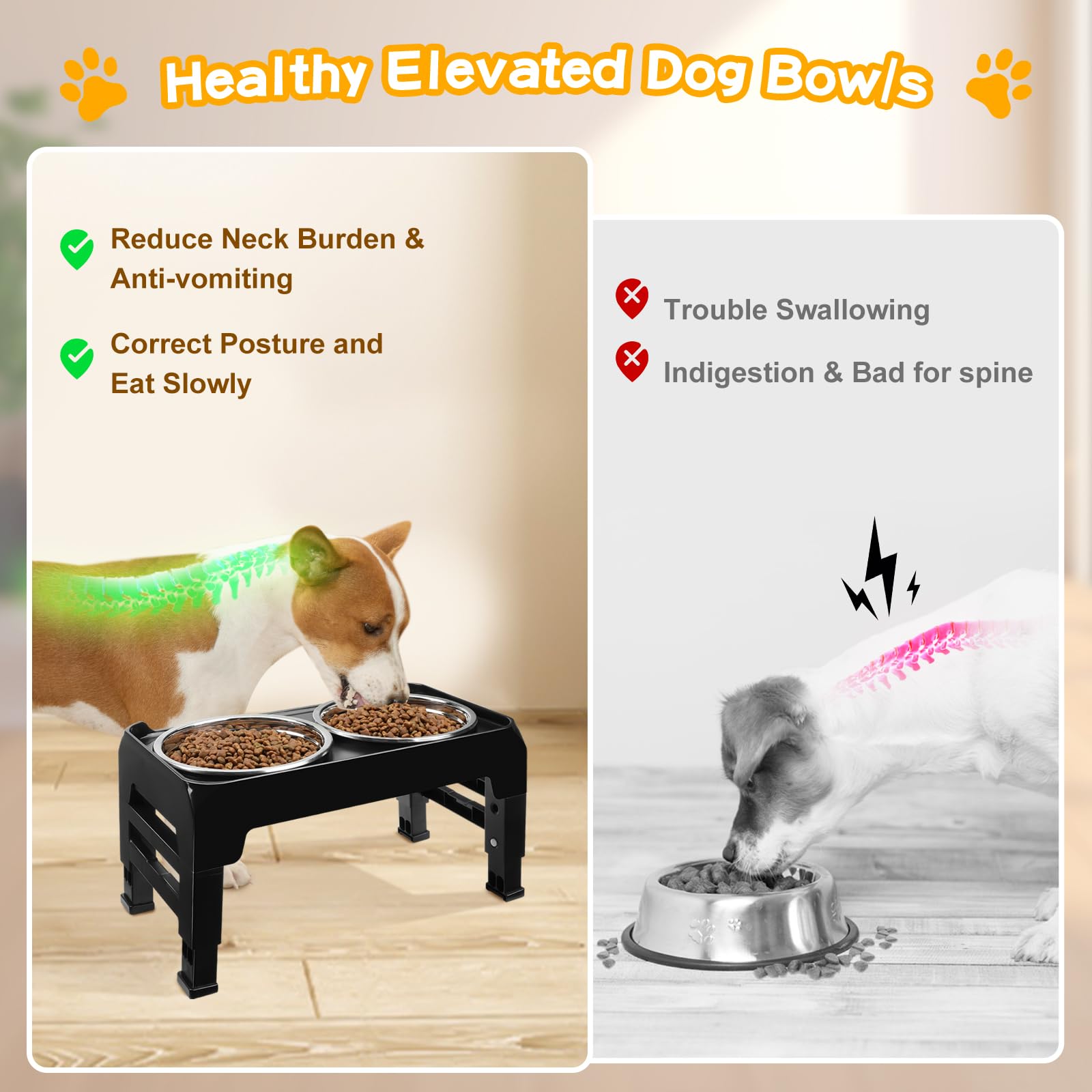 Lingtoolator Dog Bowls for Small Medium Dogs 3 Height Adjustable Raised Dog Bowl Stand with 2 Thick 6" Stainless Steel Dog Food Bowls Non-Slip Dog Feeder Adjusts to 2.75", 6", 7.5