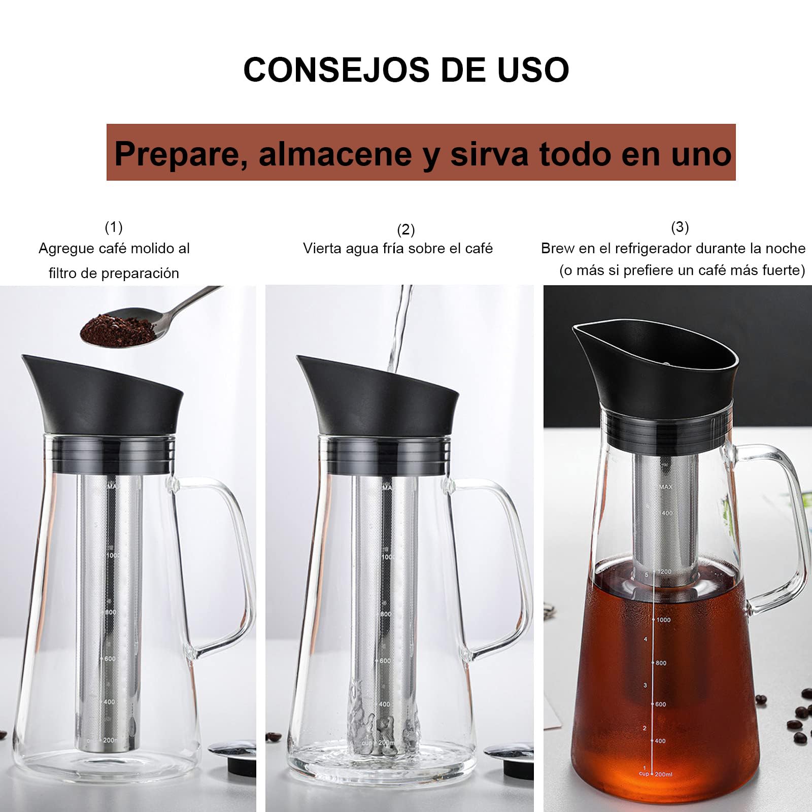 Café En Frío Cold Brew Jarra De Vidrio,1.2L Cafetera Cold Brew Vidrio de Primera Calidad Tetera Helada,Con filtro de acero inoxidable extraíble y tapa hermética,Apto para té de frutas o café