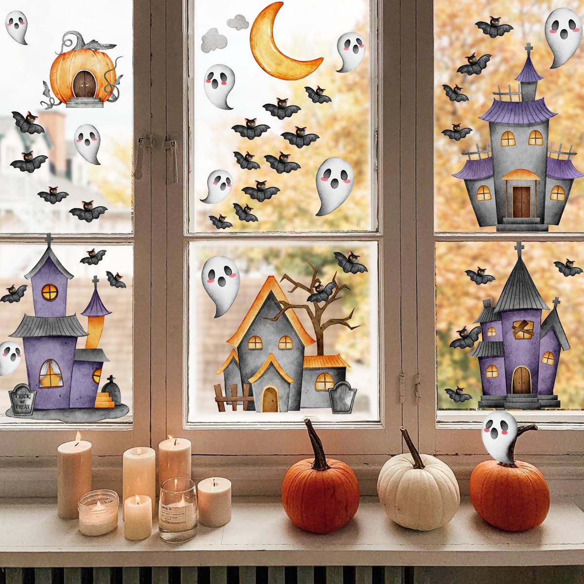 Haunted House - Calcomanías de pared de Halloween, calcomanías espeluznantes de calabaza, calcomanías de ventana, mural de decoración de pared para guardería, bebé, recámara, sala de estar, cocina,