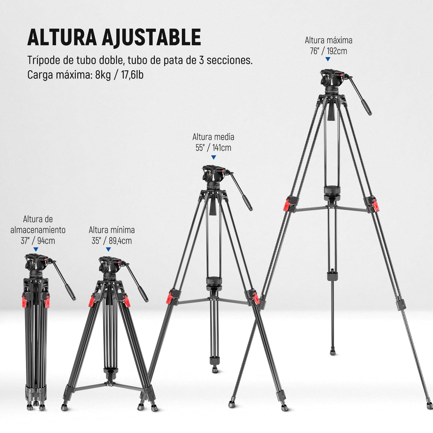 Trípode para Cámara NEEWER Aluminio 76 Pulgadas Cabezal Fluido Amortiguación Ajustable