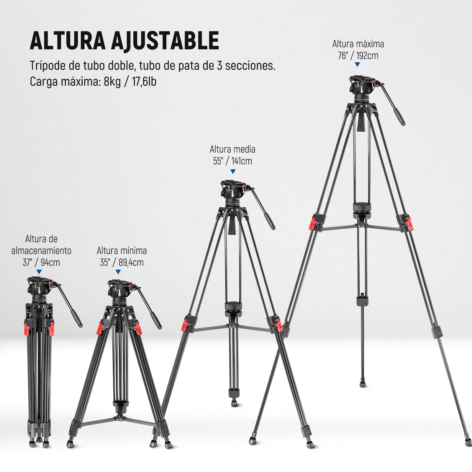 Trípode para Cámara NEEWER Aluminio 76 Pulgadas Cabezal Fluido Amortiguación Ajustable