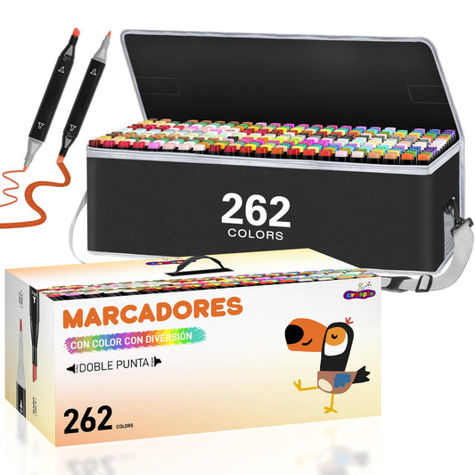 CROSPIN Plumones Doble Punta Pincel 262 Colores, Marcadores Pluma de Acuarela con Base, Punta Pincel + Cincel, Estuche Cremallera y Base Alcohol, Principiantes, Creativos, Artistas, Aficionados