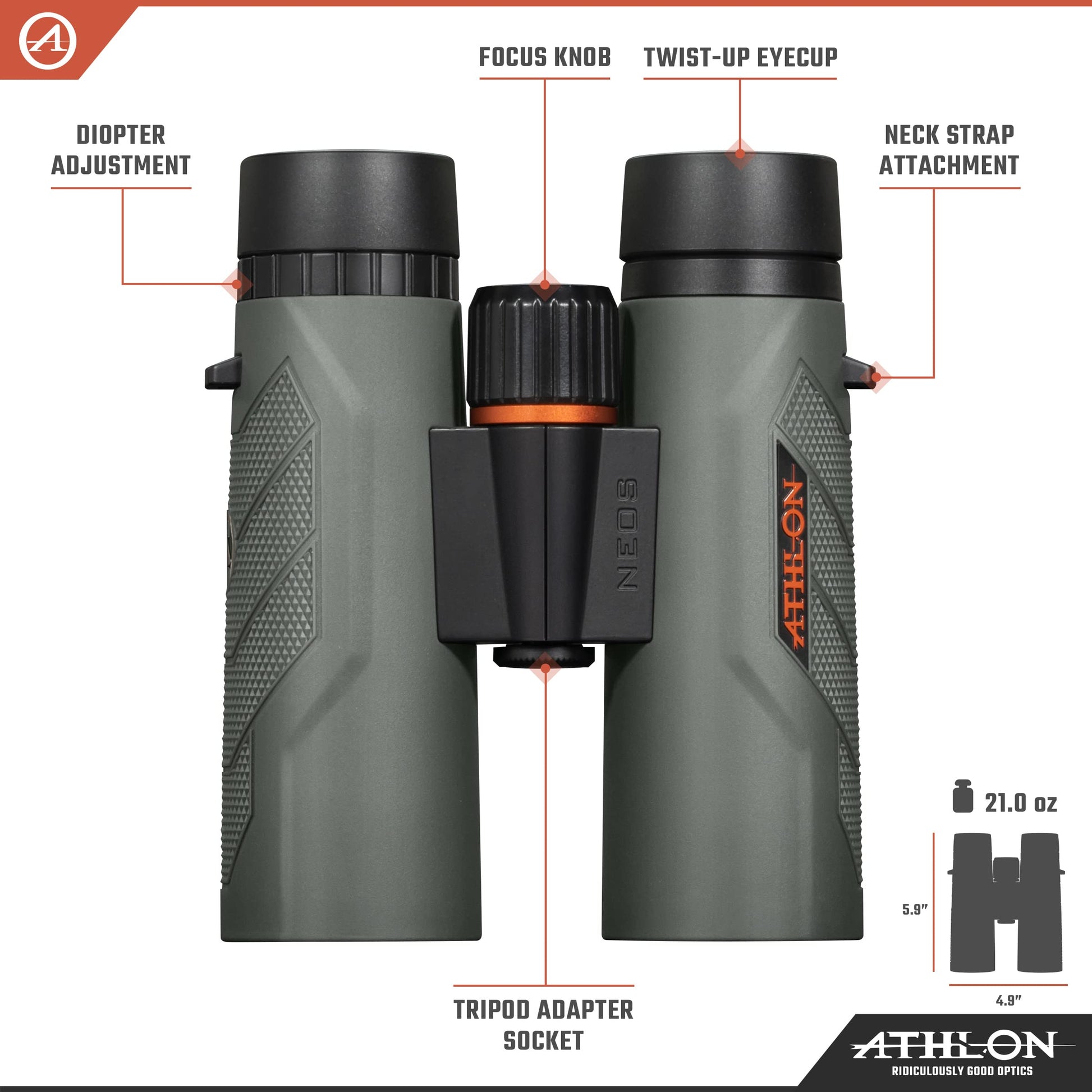 Athlon Optics Neos G2 HD Binocular - 10x4, Grey, Waterproof, Durable Binoculars for Bird Watching, Hunting, Sports,