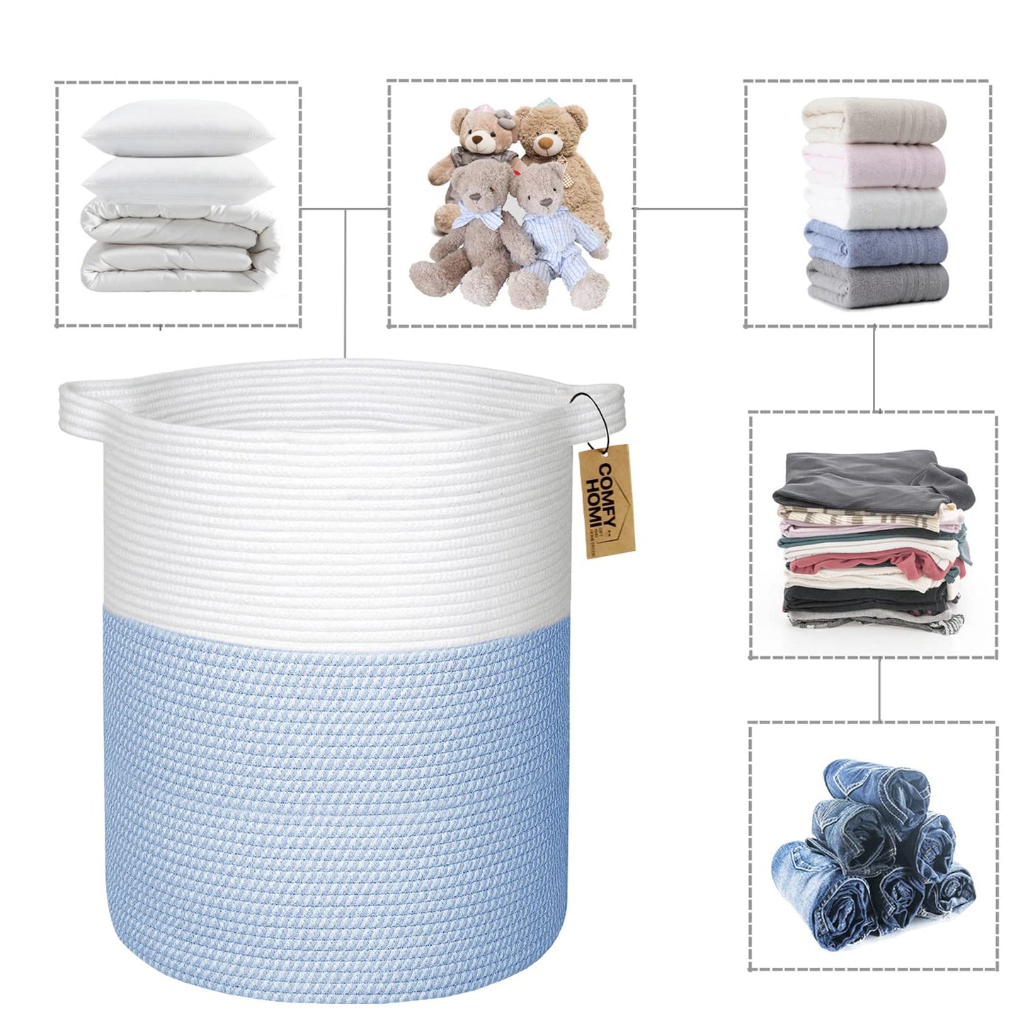 COMFY-HOMI - Cesta grande para lavandería con asas, canastas de manta para sala de estar, cuerda de algodón tejida, cesta decorativa de lavandería, regalo para bebé, guardería, perro, organizador de