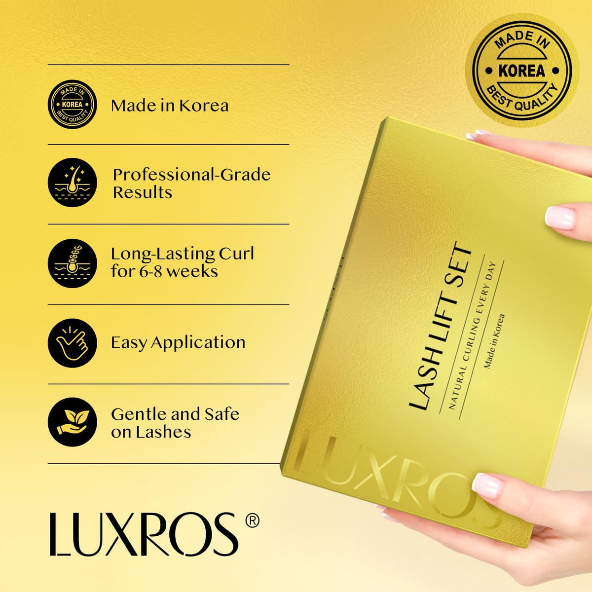 LUXROS- Kit de permanente de pestañas sin esfuerzo para rizos deslumbrantes: mejore sus pestañas con nuestro kit de permanente de pestañas fácil de usar, fabricado con orgullo en Corea. Diseñado con u