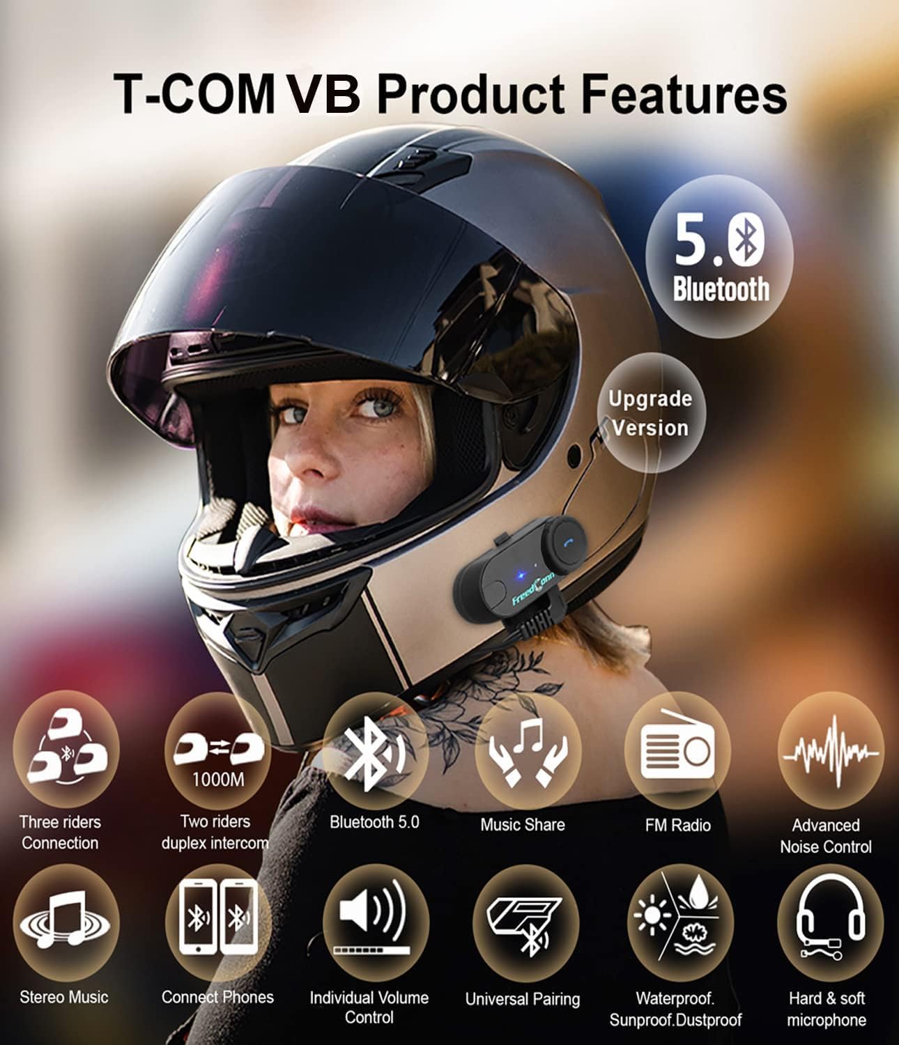 FreedConn TCOM VB Auriculares Bluetooth para Casco de Motocicleta, 2 Conductores 800 M compartiendo música, Sistema de comunicación de intercomunicador Impermeable/FM/Siri/BT5.0/micrófono 2 en 1