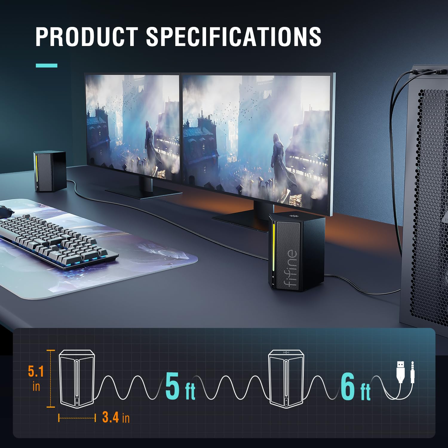 FIFINE - Altavoces de computadora de computadora con control de volumen, altavoces RGB para juegos con cable de audio auxiliar de 3,5 mm para laptop, monitor, teléfono, tablet, AmpliGame A20
