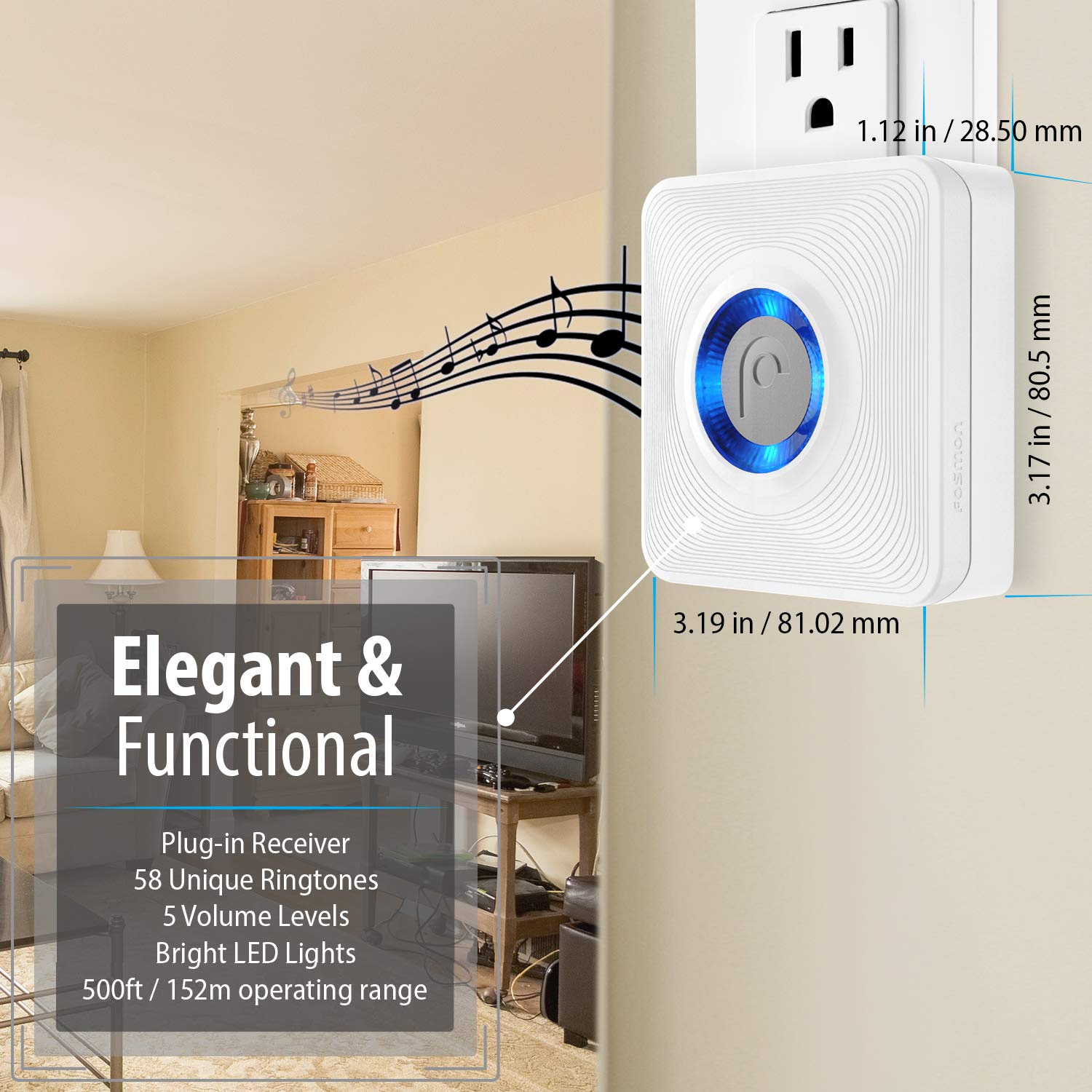 Fosmon WaveLink - Protector de alarma para puerta (500 pies, 58 melodías, 5 niveles de volumen, indicadores LED), detector de movimiento, alerta de entrada en casa, empresa/tienda (1 receptor + 2