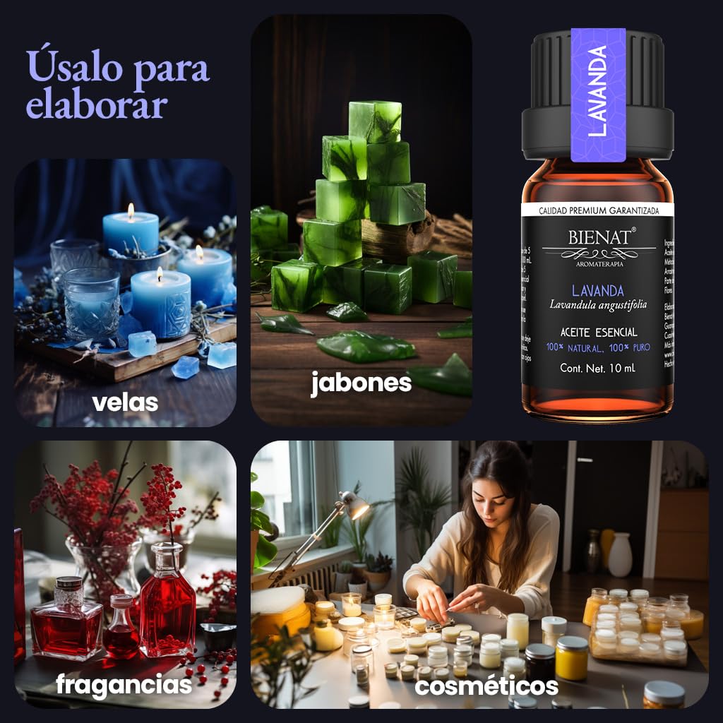 BIENAT AROMATERAPIA Aceite Esencial de Lavanda 10mL | 100% Puro y Concentrado | Ideal para Difusor de Aromas, Humidificador, Aromaterapia, Masajes, Meditación, Jabones y Velas | Esencia Natural en Gotas