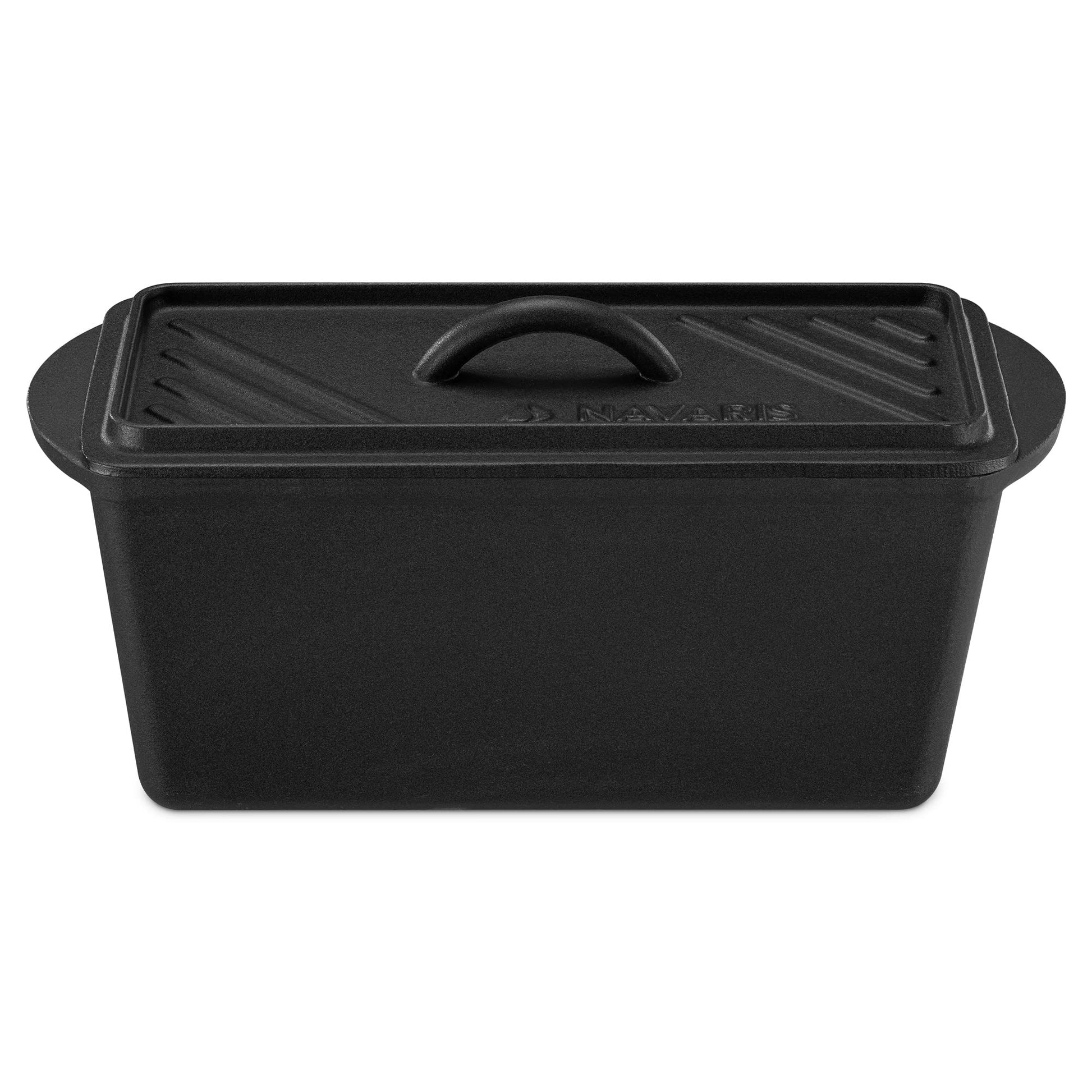 Navaris Olla para Hornear Pan - Cacerola Rectangular 34 x 13 x 13 cm de Hierro Fundido para Horno Bbq Vitrocerámica Inducción - Cazuela con Tapa - Negro