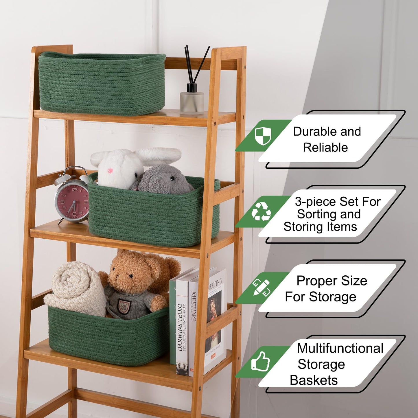 OIAHOMY - Cestas tejidas de cuerda de algodón para almacenamiento, cesta de almacenamiento rectangular para guardería con asas para estantes, paquete de 3, verde