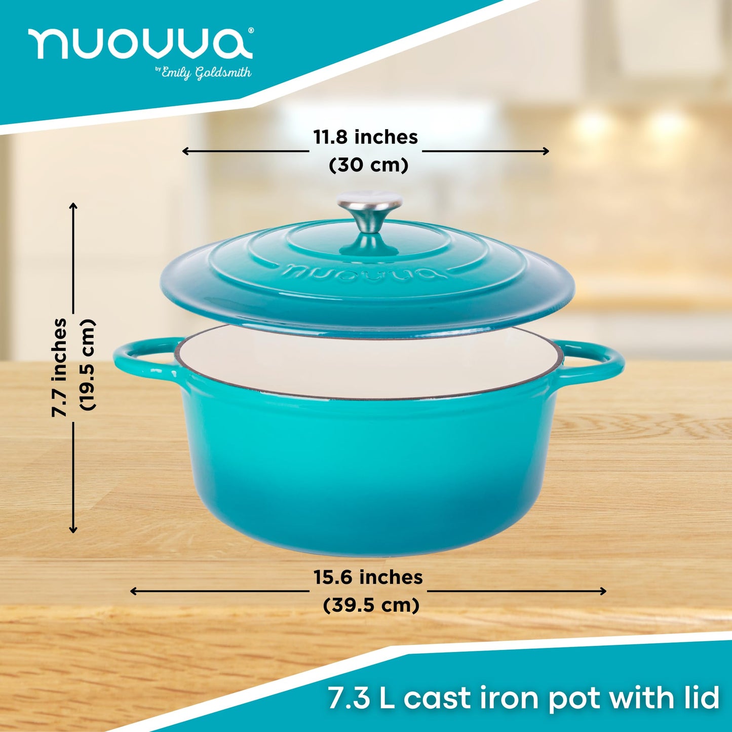 Nuovva - Horno Holandés de Hierro Fundido con Tapa - Cacerola Esmaltada Antiadherente - Verde Azulado, 7.3 Cuartos de Galón, 30 cm