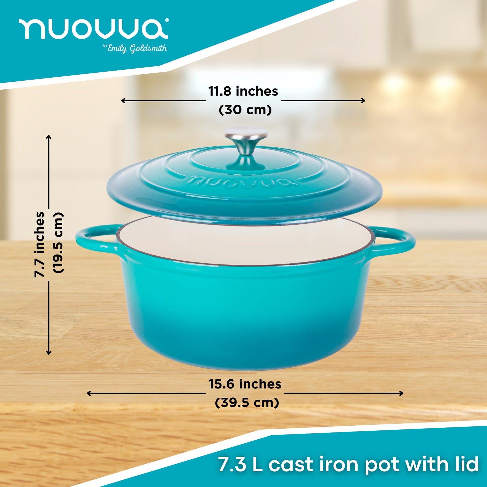 Nuovva - Horno Holandés de Hierro Fundido con Tapa - Cacerola Esmaltada Antiadherente - Verde Azulado, 7.3 Cuartos de Galón, 30 cm