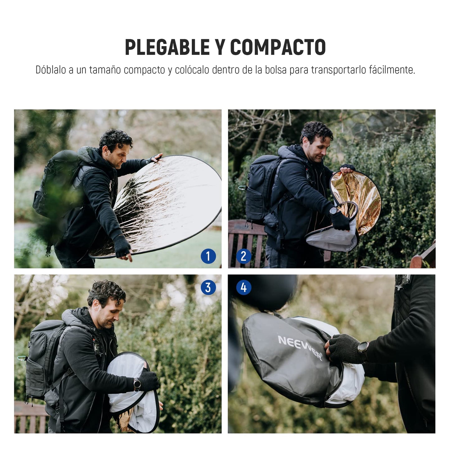 NEEWER Kit de Reflector de Luz de 43"/110cm, Reflector Redondo Plegable 5 en 1 (Translúcido/Plateado/Dorado/Blanco/Negro), Abrazadera de Metal y Soporte Corto de 21"-43"/53-110cm para Fotografía