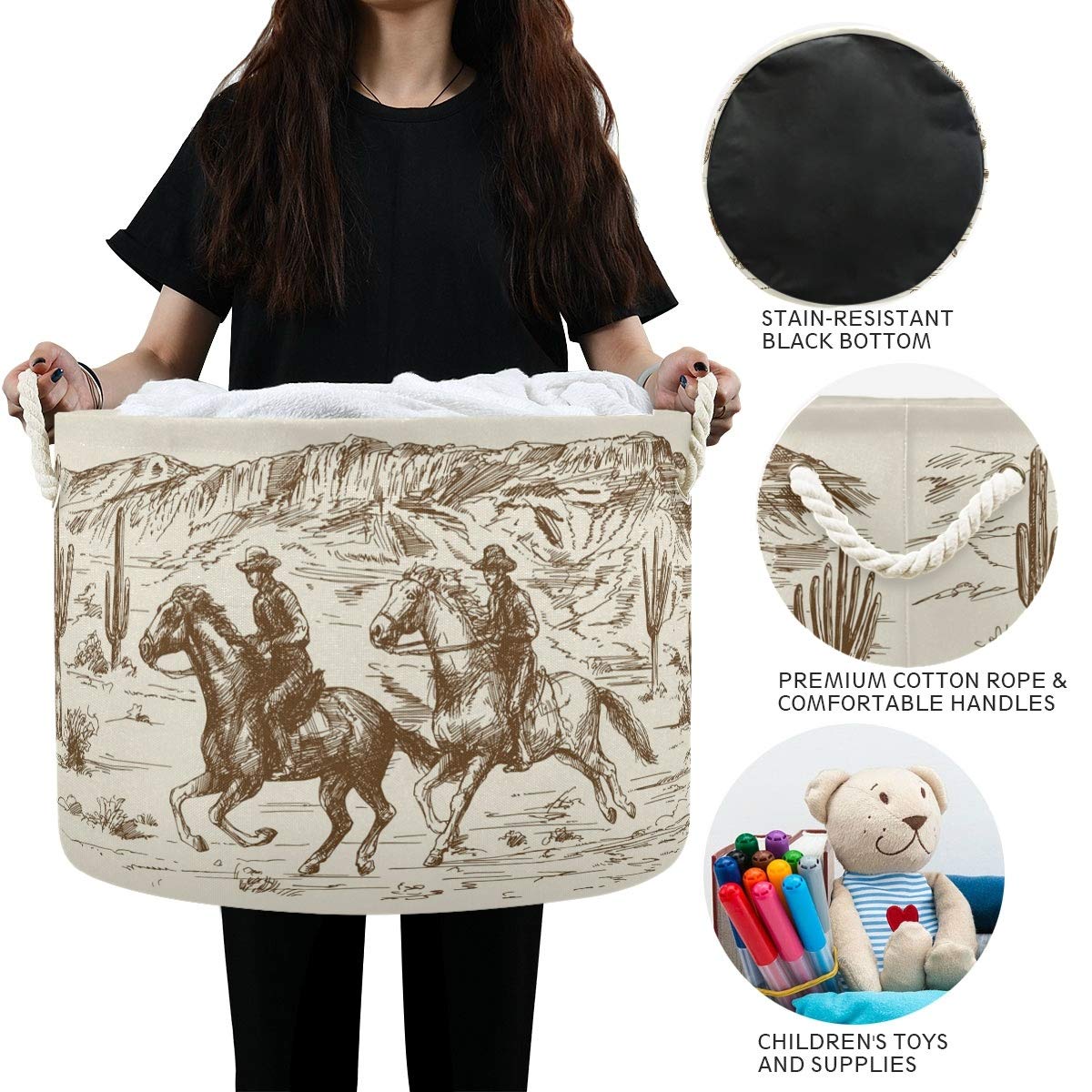 WELLDAY - Cesta de cuerda de algodón con diseño de vaquero del desierto occidental para sala de estar, lavandería, guardería, decoración del hogar, 20 x 20 x 14 pulgadas