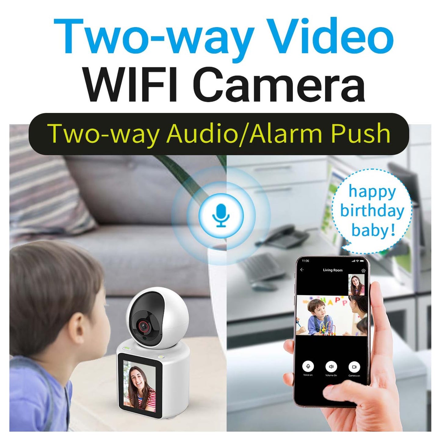 Cámara Interior para Personas Mayores, Pantalla de 2,8 Pulgadas, Monitor de bebé con Micrófono Dual, Cámara de Seguridad Inteligente para el Hogar, Despertador por Voz,