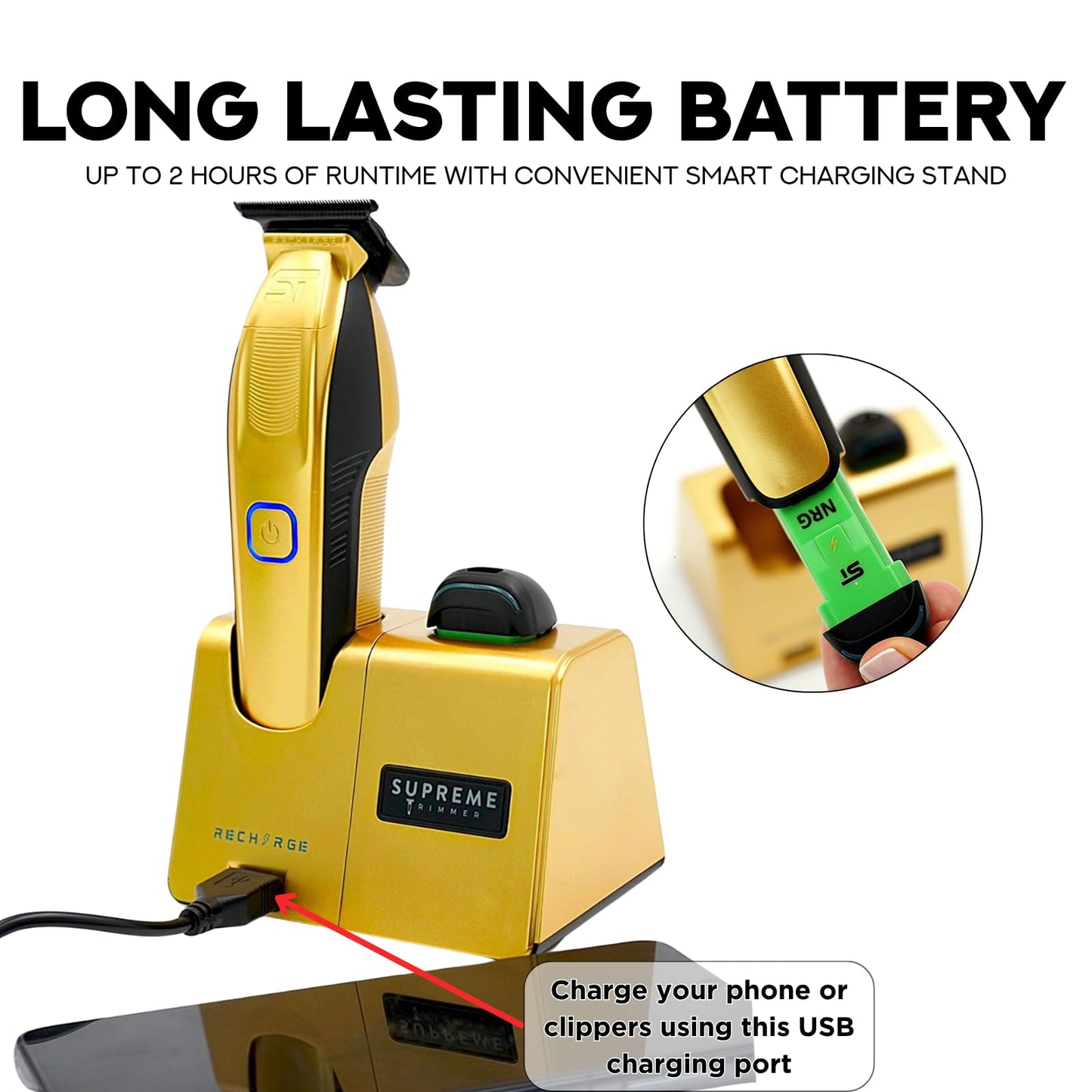 Supreme Trimmer Recarga Zero Gappable Trimmer para Barberos | 7500+ RPM, batería extraíble, soporte de carga USB inteligente + carga iPhone/Android | Gold ST777