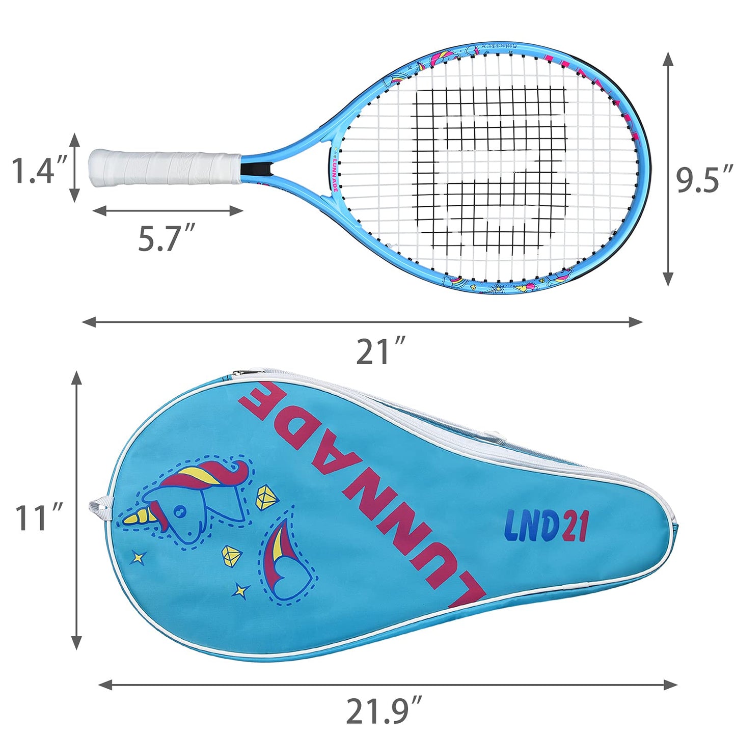 Raqueta de Tenis LUNNADE Infantil Multicolor con Cubierta para Niños y Niñas Principiantes