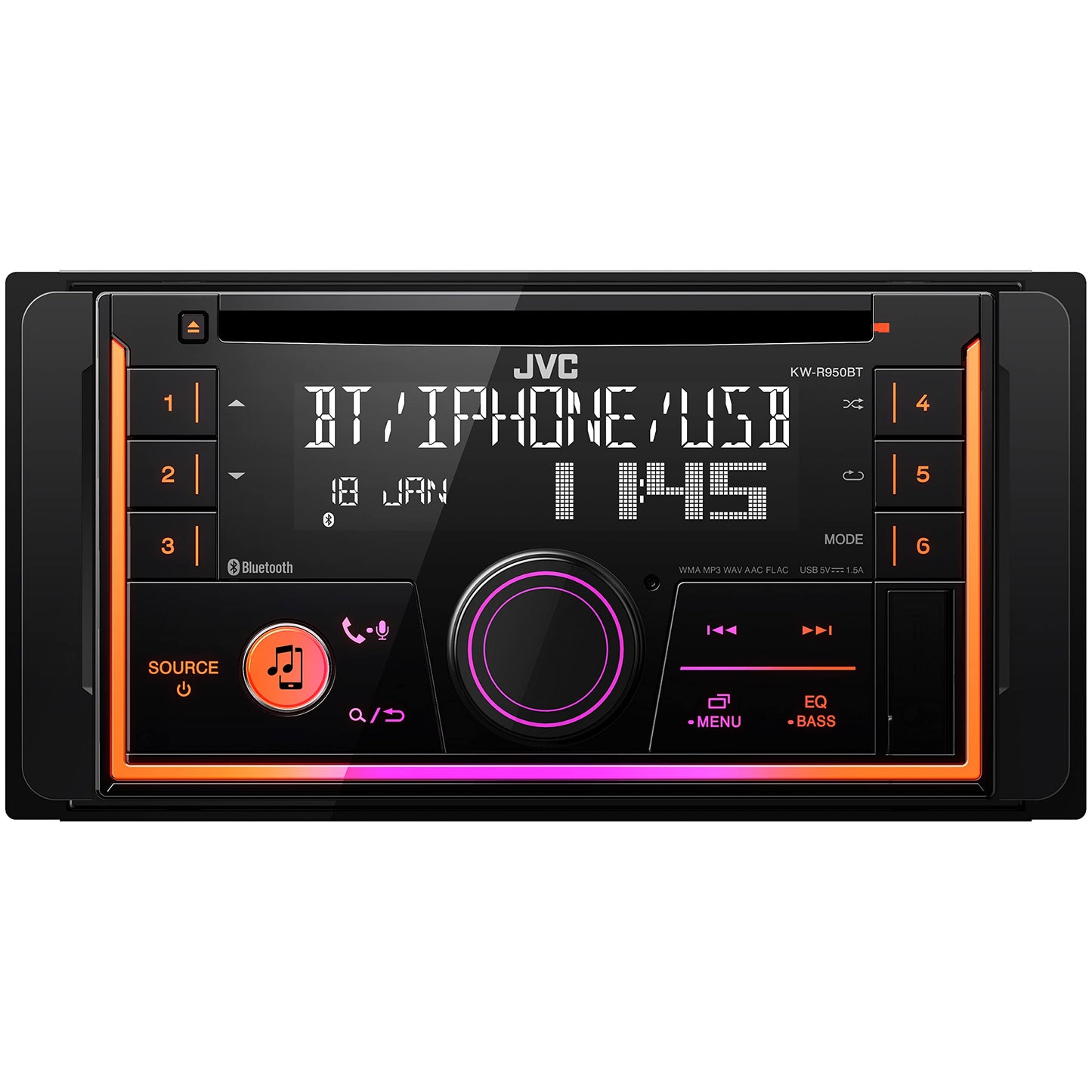 JVC KW-R950BTS Receptor estéreo Bluetooth para coche con puerto USB - visualización LCD - Radio AM/FM - Reproductor MP3 - Doble DIN - EQ de 13 bandas (negro)
