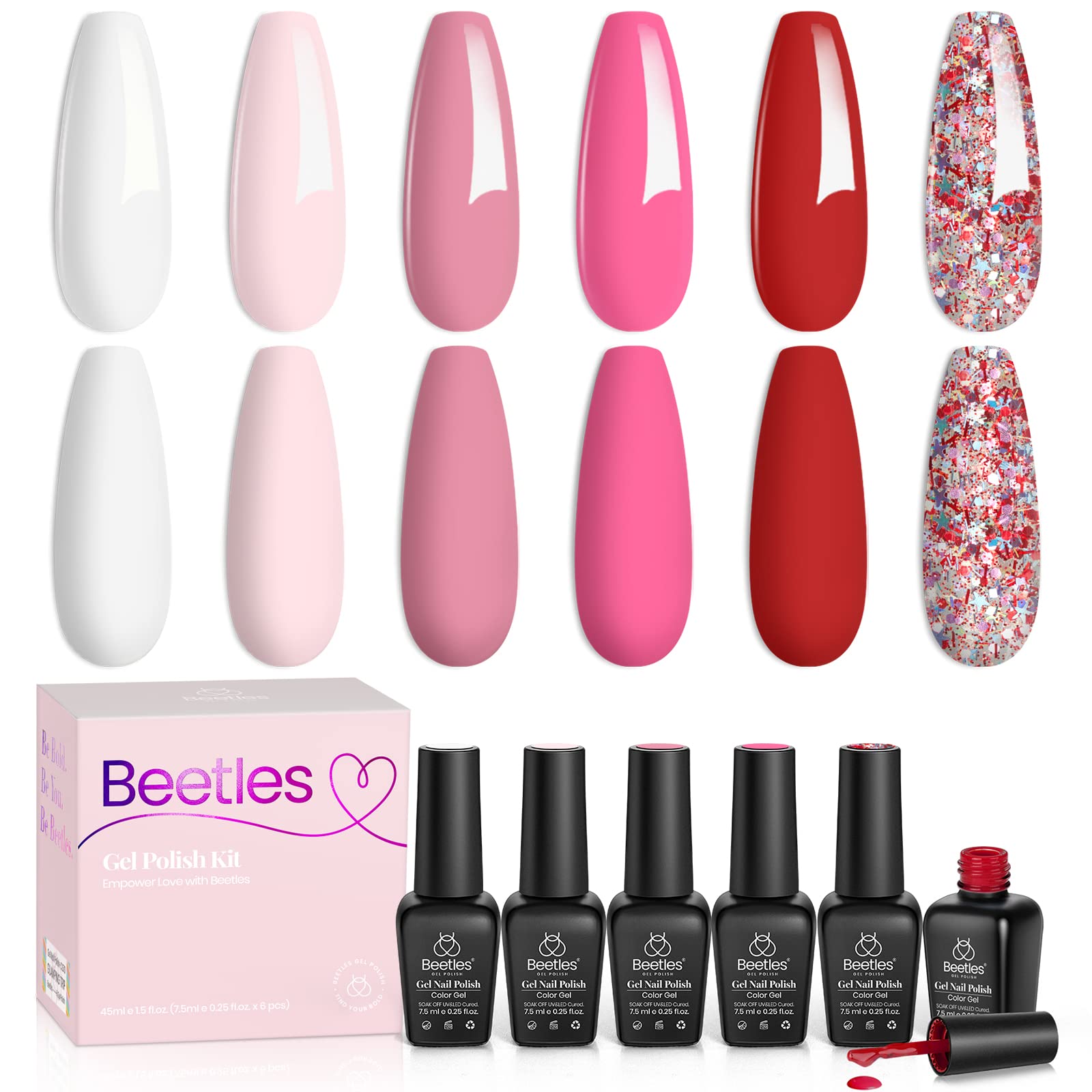Beetles Juego de esmaltes de uñas de gel, 6 colores, rosa, rojo, kit de uñas de gel, colección Fall in Love, gel rosa con purpurina, lámpara de uñas LED ultravioleta, kit de manicura, regalos para mujeres