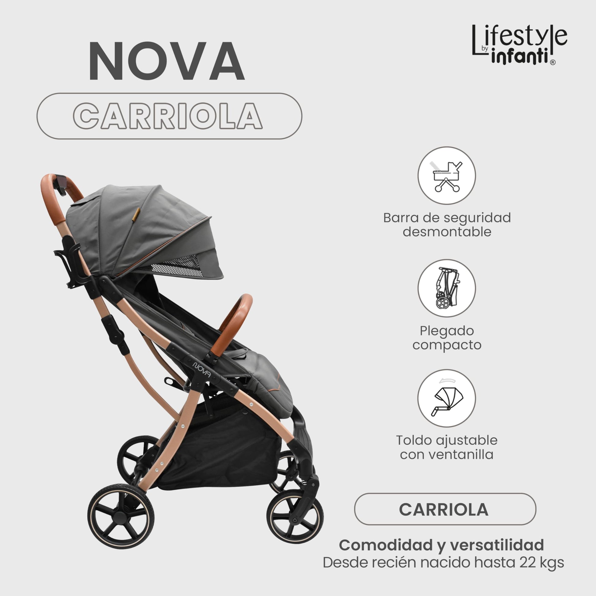 INFANTI | Carriola para Bebe Nova Gris Lifestyle | Carreola Bebé con Plegado Automático y Compacto con Arnés de 5 Puntos - Toldo Completo con Visera y Ventanilla | Reclinación Ajustable y Canastilla