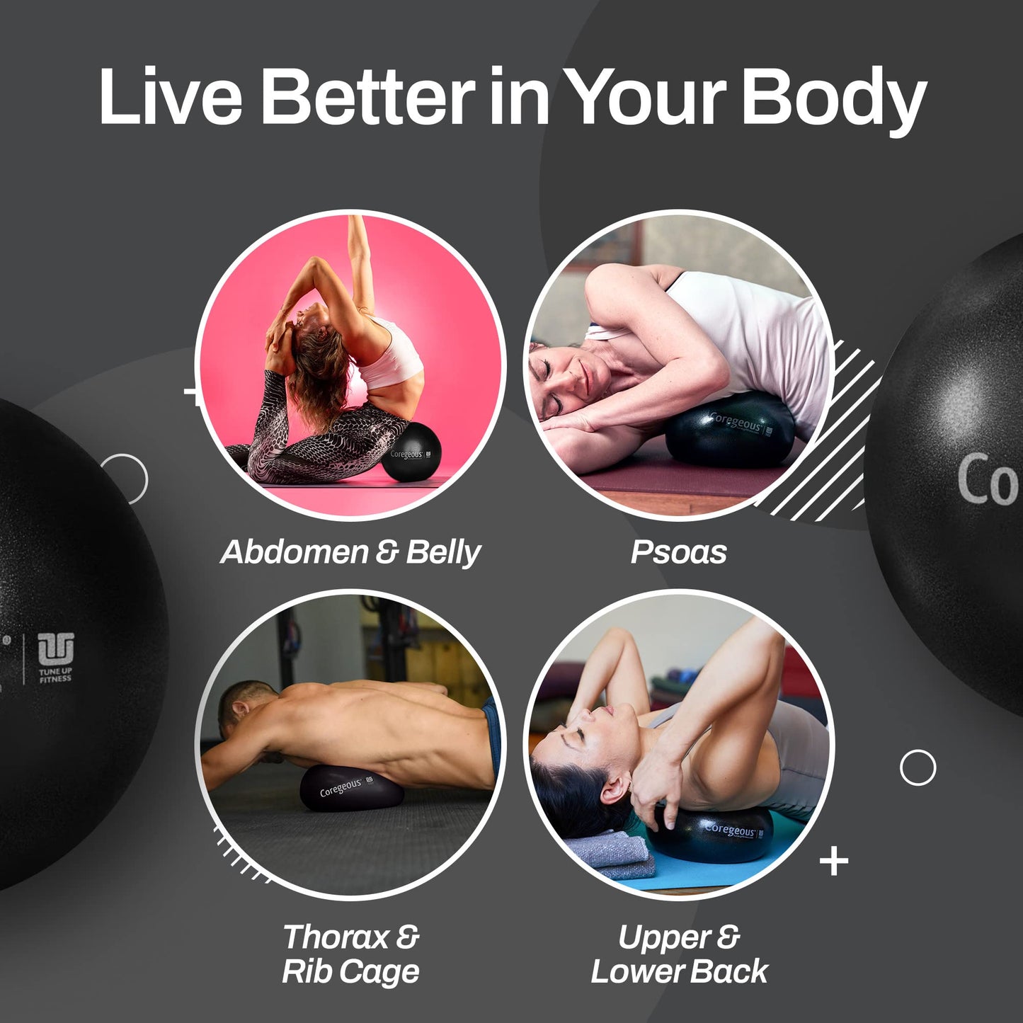 Pelota de Terapia Tune Up Fitness Graphite Coregeous para Masaje Abdominal y Liberación Miofascial