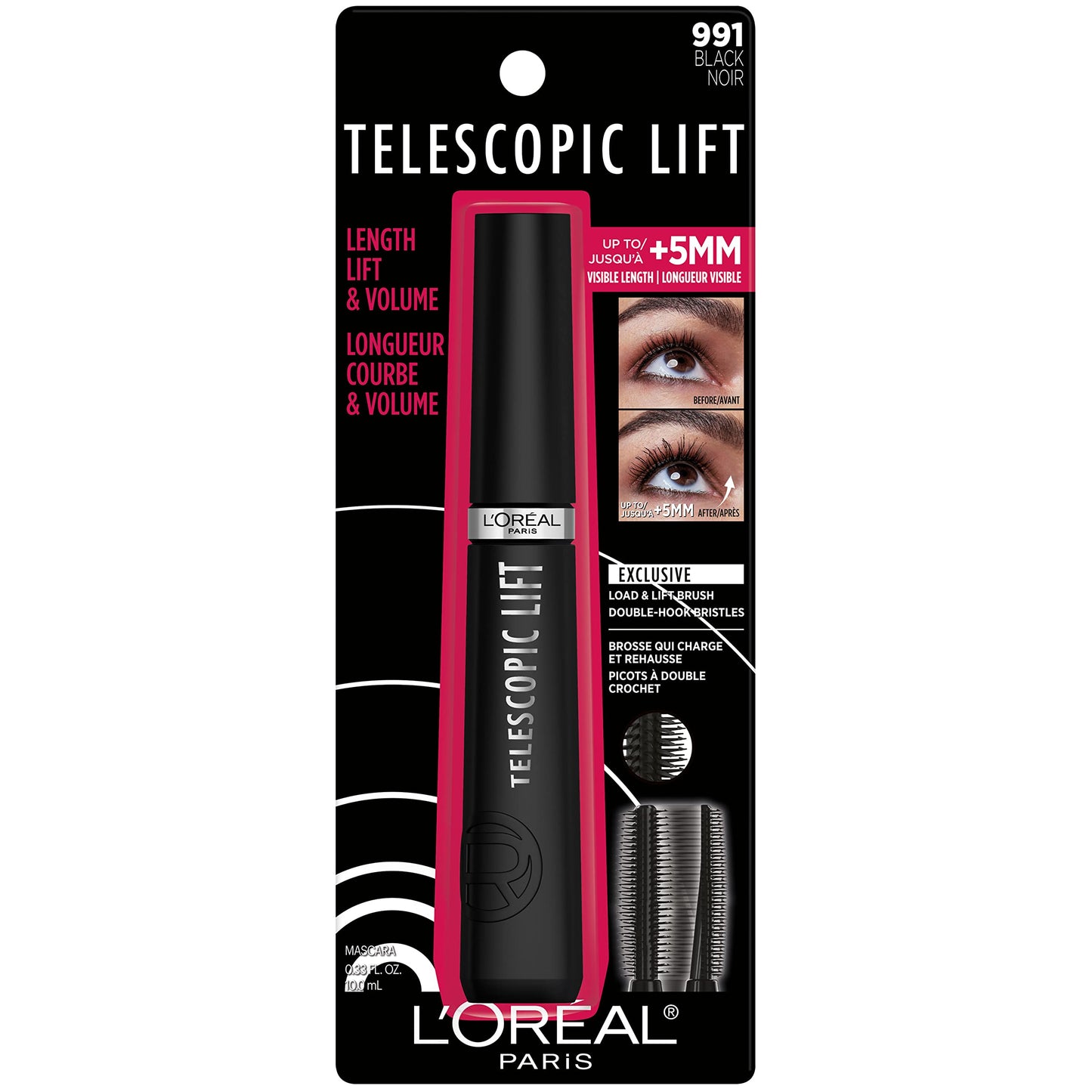L'Oreal Paris Mascara de pestañas Telescopic Lift Lavable, Negro, 10 ml