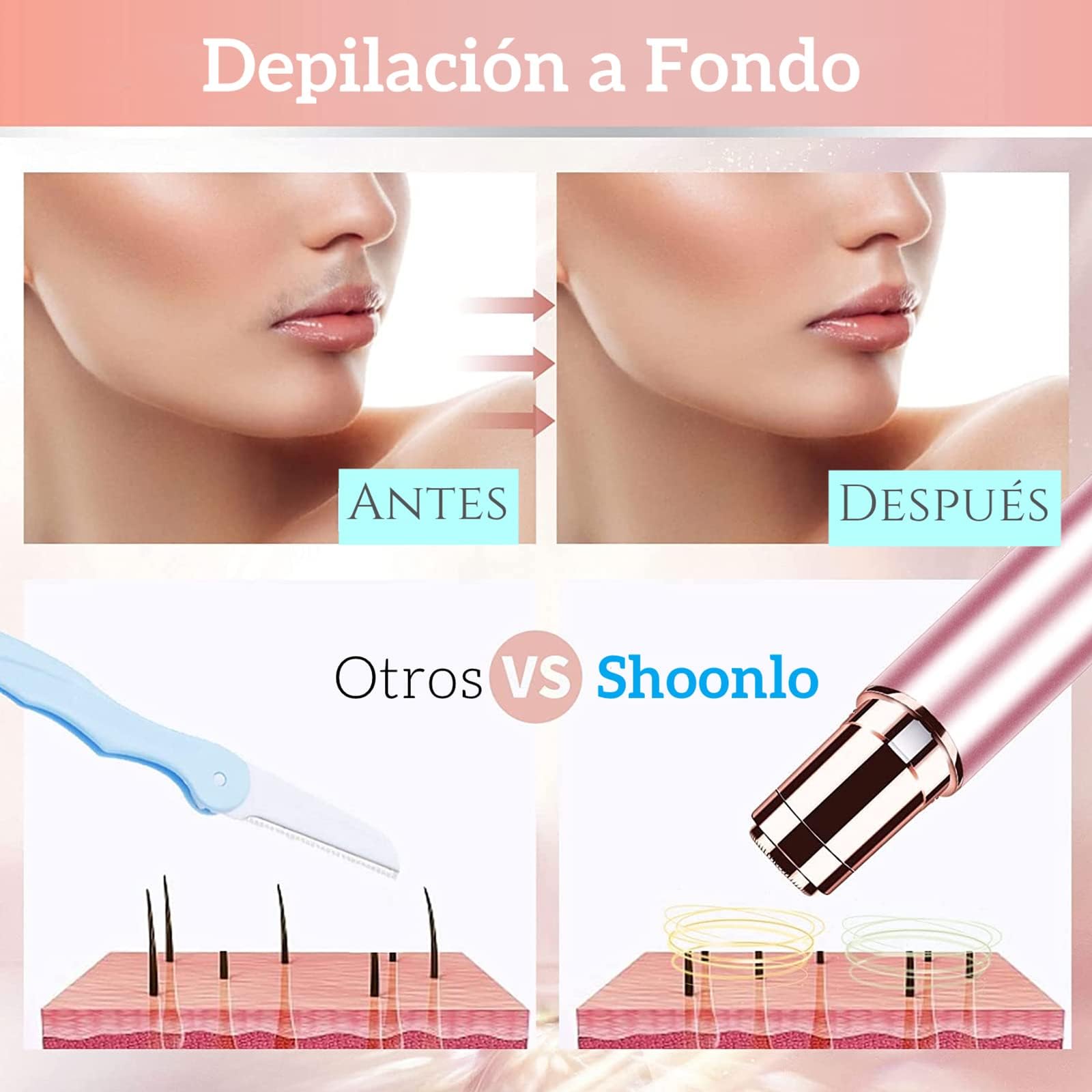 Depiladora Facial Mujer Sin Dolor, Depilador Electrico de Rostro Recargable, Removedor de Vello para Bikini/Axilas/Bigote/Barbilla/Brazos, 2 Cabezales de Repuesto Incluidos (Oro Rosa)