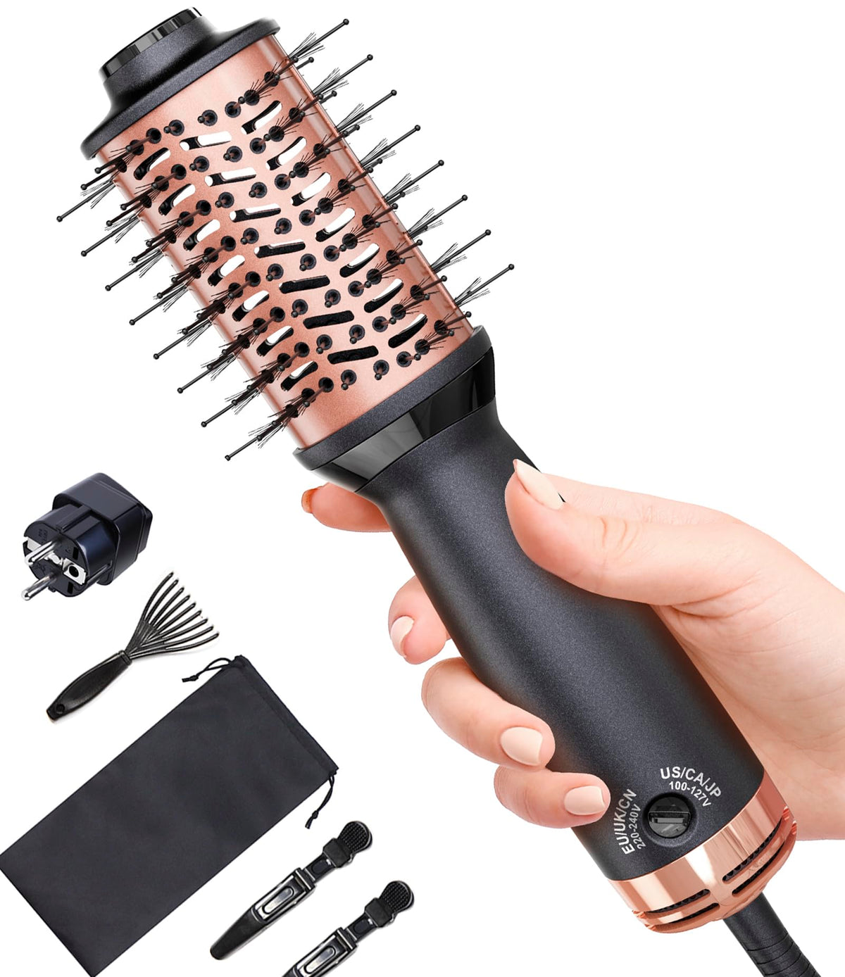 Cepillo Secador de Pelo Desalo Negro Doble Voltaje Compacto para Viajes por Europa